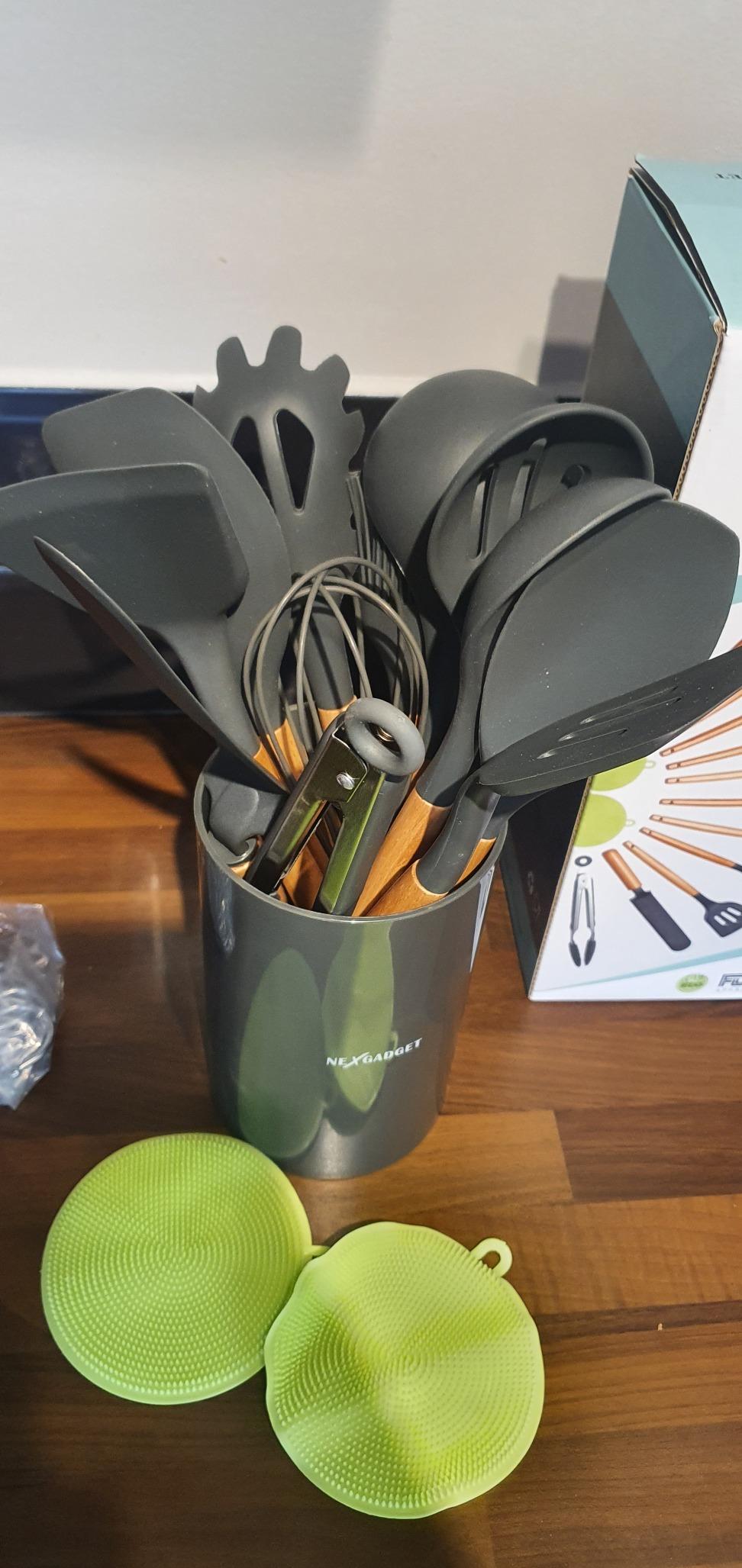 NEXGADGET Kitchen Utensil Set 30 Pieces Silicone Natural Wooden Handles