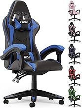 bigzzia Gaming Chair Ergonomic, Polyurethane Leather, Height Adjustable with Lumbar Cushion and Headrest, Comfortable Gamer Chair for Adults, Girls, Boys, Dark Blue