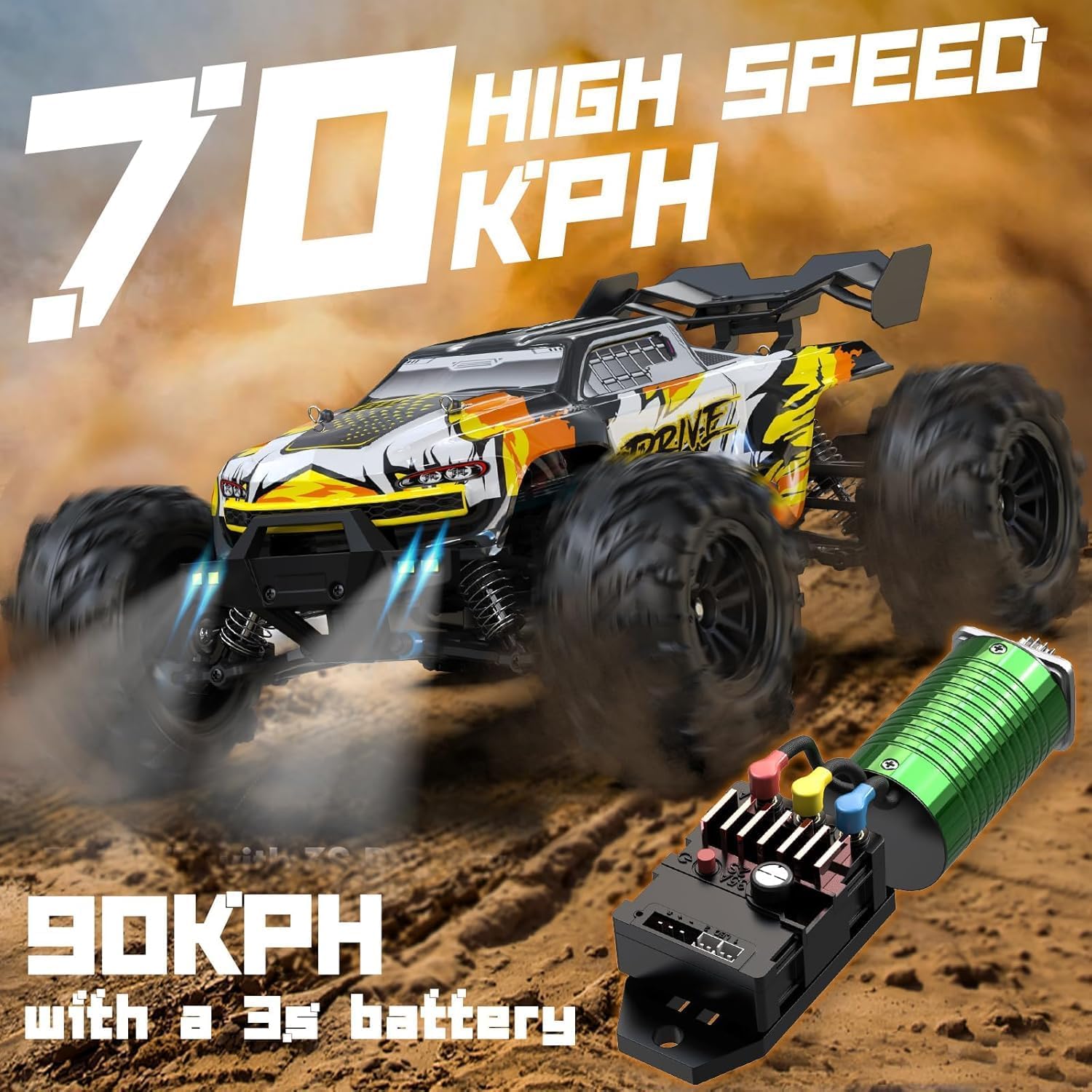 Pihura 4WD Off-Road RC Car with Brushless Motor, 2.4Ghz Remote Control Monster Truck, LED Lights, Rechargeable Battery, Racing Buggy for Kids, Boys & Adults 1