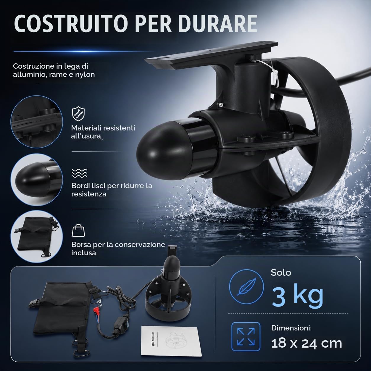 Thruster subacqueo per tavole da surf, propulsione elettrica subacquea, sistema di propulsione, propulsione a vite, kit di thruster subacqueo, per paddle board, tavole da surf, ecc