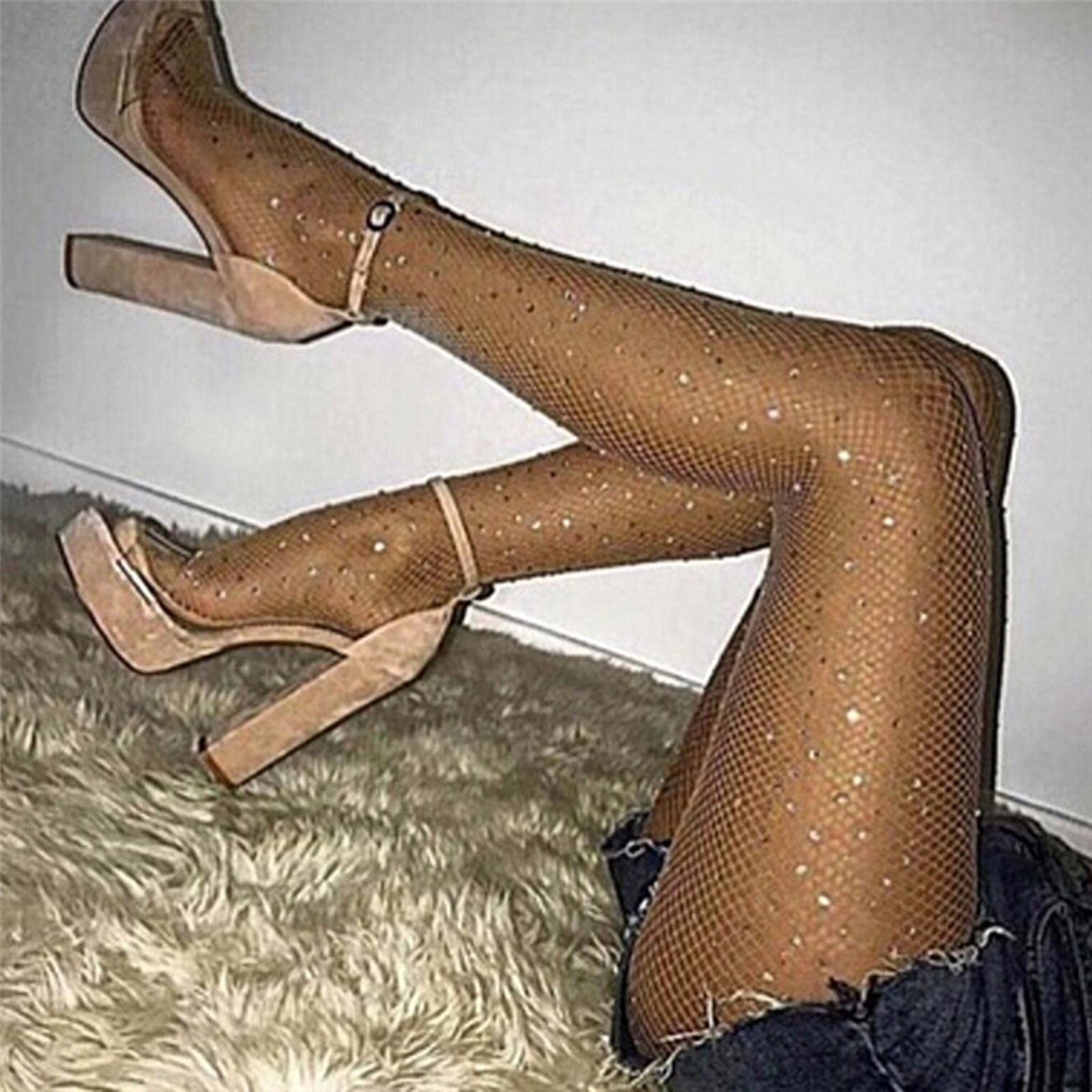Medias Atractivas Mujeres Crystal Rhinestone Fishnet Malla Calcetines Medias Medias Pantimedias Primavera Verano Casual Leggings Medias de Red (Color Nude Talla única)