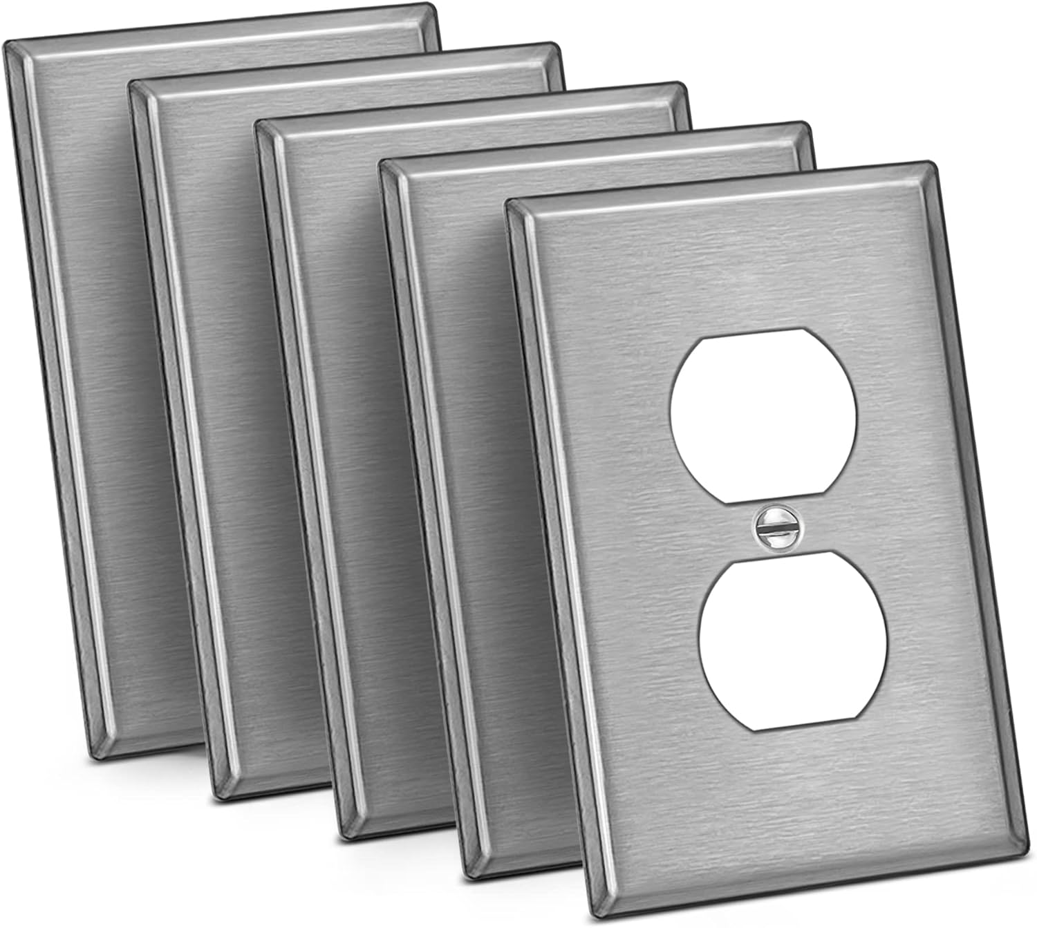 BESTTEN 5 Pack 1-Gang Mid-Size Duplex Receptacle Metal Wall Plate with Protective Film, Stainless Steel Midway Outlet Cover, Corrosion Resistant, Brushed Finish, Silver