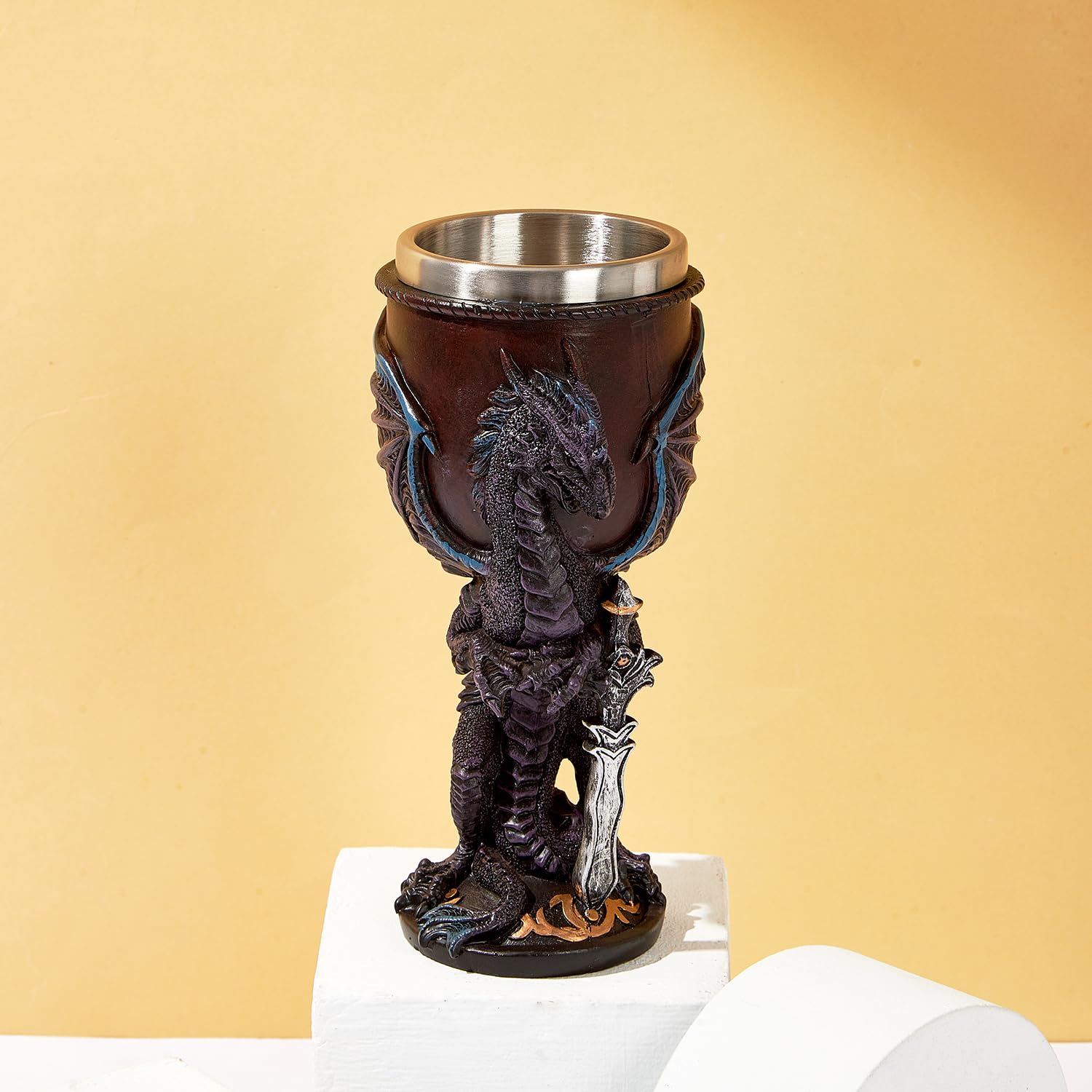 Calice viola con drago fiamma, con inserto in acciaio inox, regalo Fantasy Dungeons and Dragons, calice da vino.
