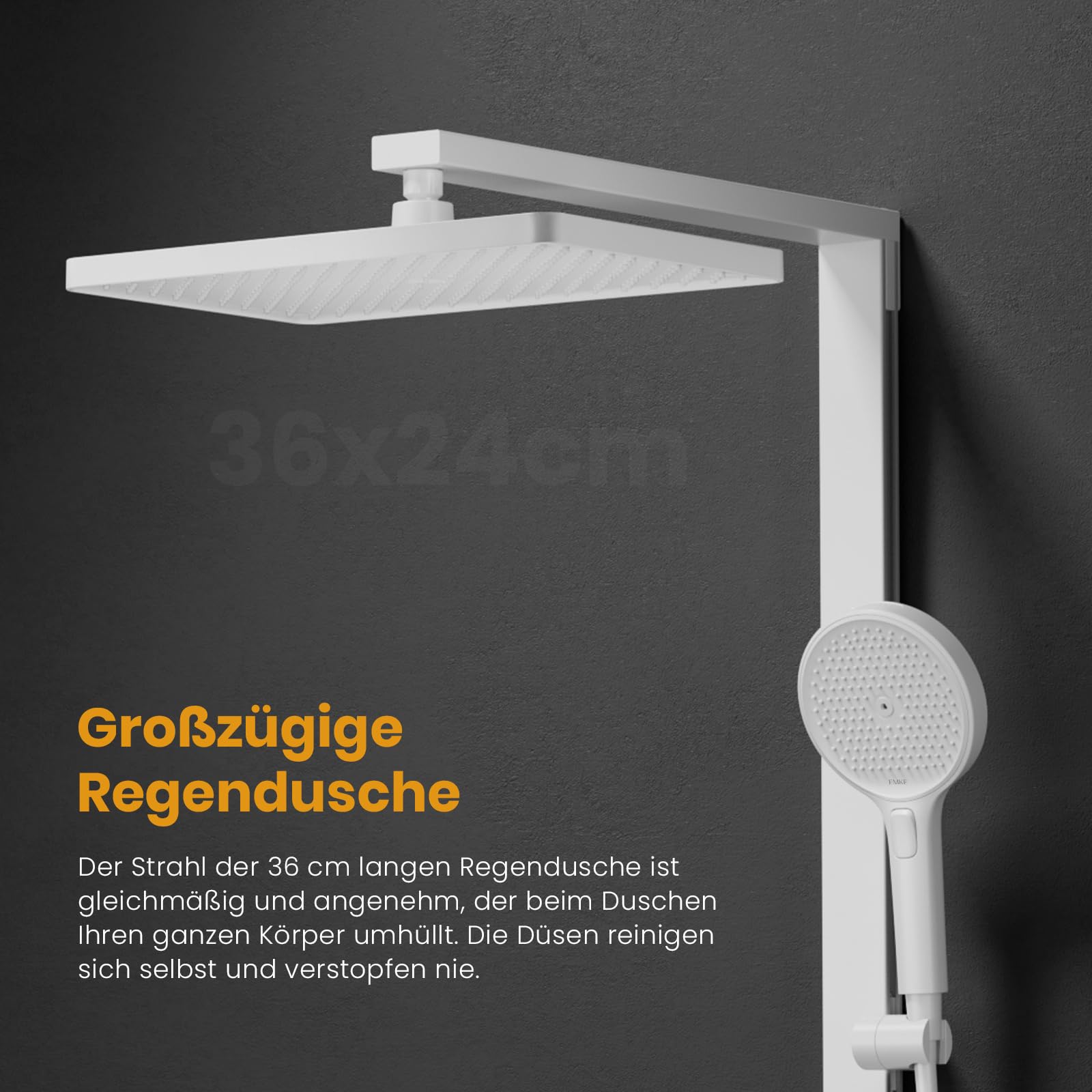 EMKE Duschsystem mit Thermostat – 36 x 24 cm Regendusche mit Armatur, Duschset mit 40 cm Glasablage & Handbrause (4 Strahlarten), höhenverstellbar Komplettset mit Regendusche, Weiß Matt