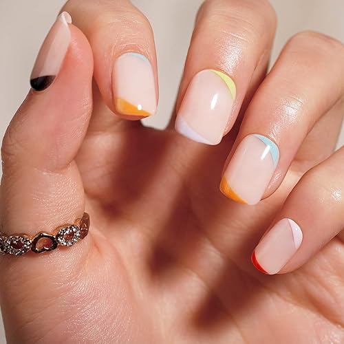 BettyCora - Uñas postizas cortas a presión, 12 tamaños, 24 piezas, kit de uñas postizas con pegamento para uñas, uñas francesas