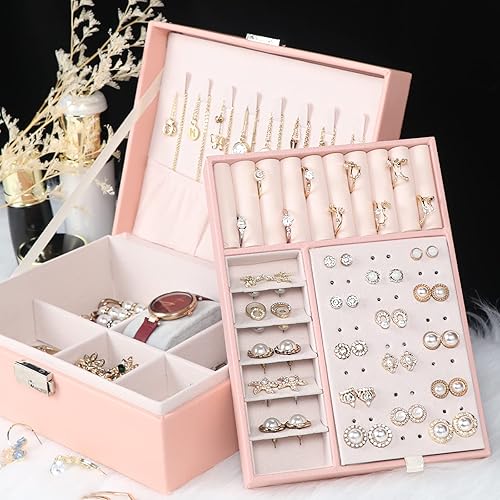 Miniatura 6 de Joyero para mujeres y niñas contenedor organizador de joyas de 2 capas con cerradura estuche de almacenamiento de piel sintética con bandeja