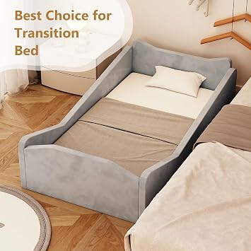 JOYMOR Toddler Bed, Floor Bed with Safety Guadrail, Montessori Toddler Bed with Animal Ear Shapes, Soft Velvet Wood Bed for Infant, Kids, Mattress not Included (Gray)