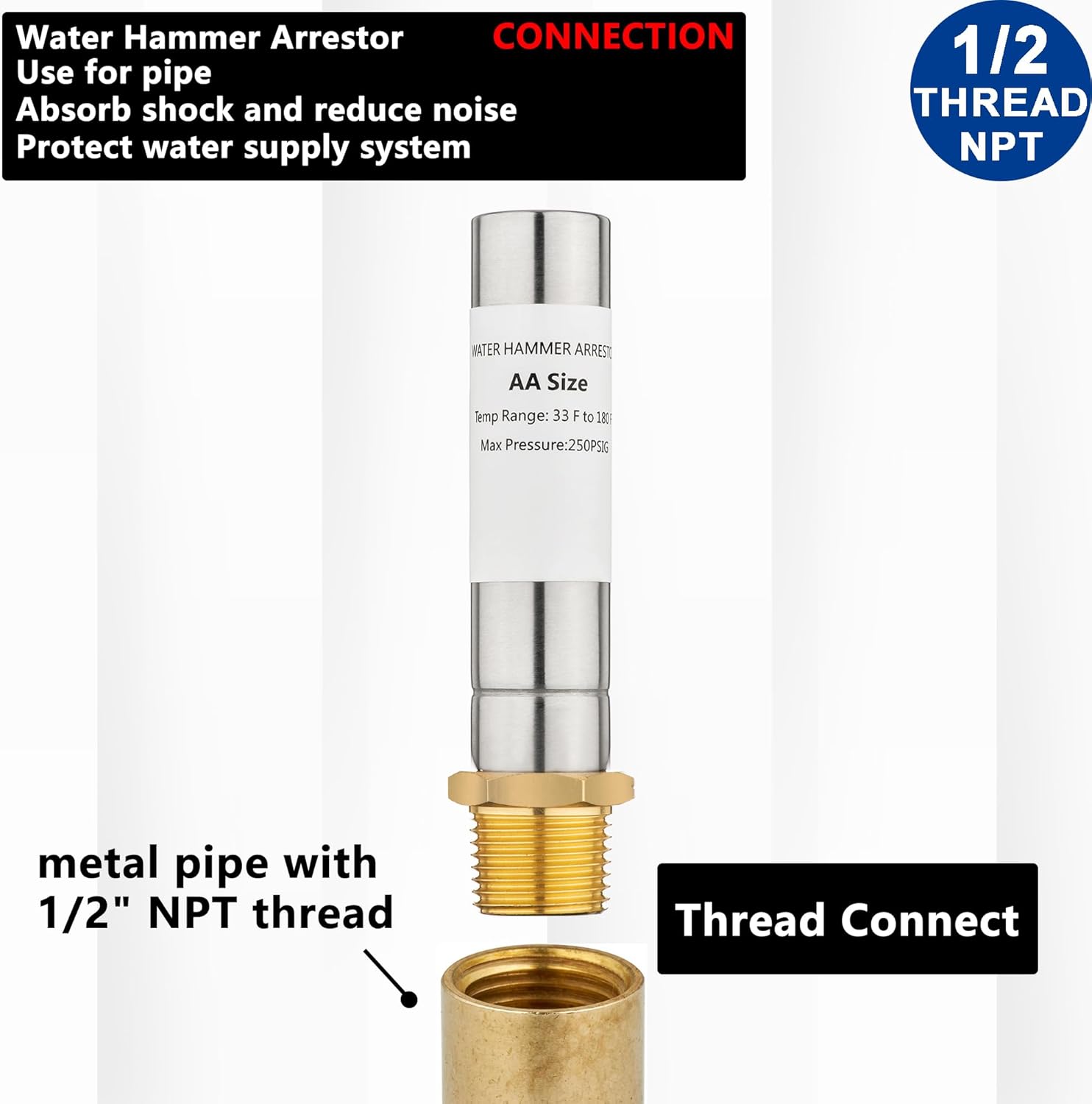 (2 Pack) Lidertik Water Hammer Arrestor 1/2 Inch MIP Thread Connect Stainless Steel Chamber For Pipe LI-DSC-131-3(2 PC)