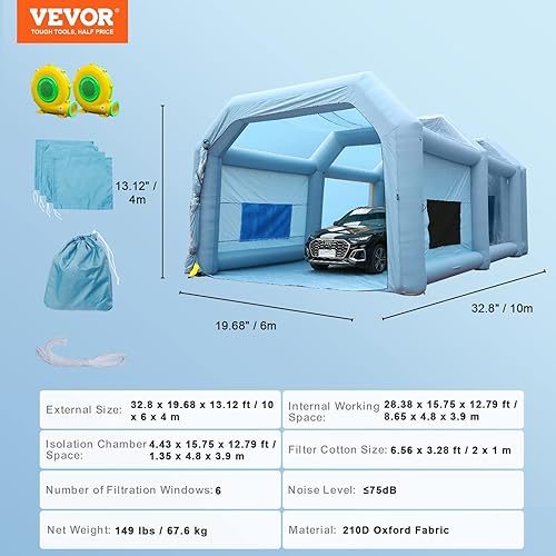 Miniatura 8 de VEVOR Cabina inflable para coches, camiones, tienda de campaña grande con alta potencia de 950 W+1100 W, dos sopladores, 33 x 20 x 13 pies, refugio