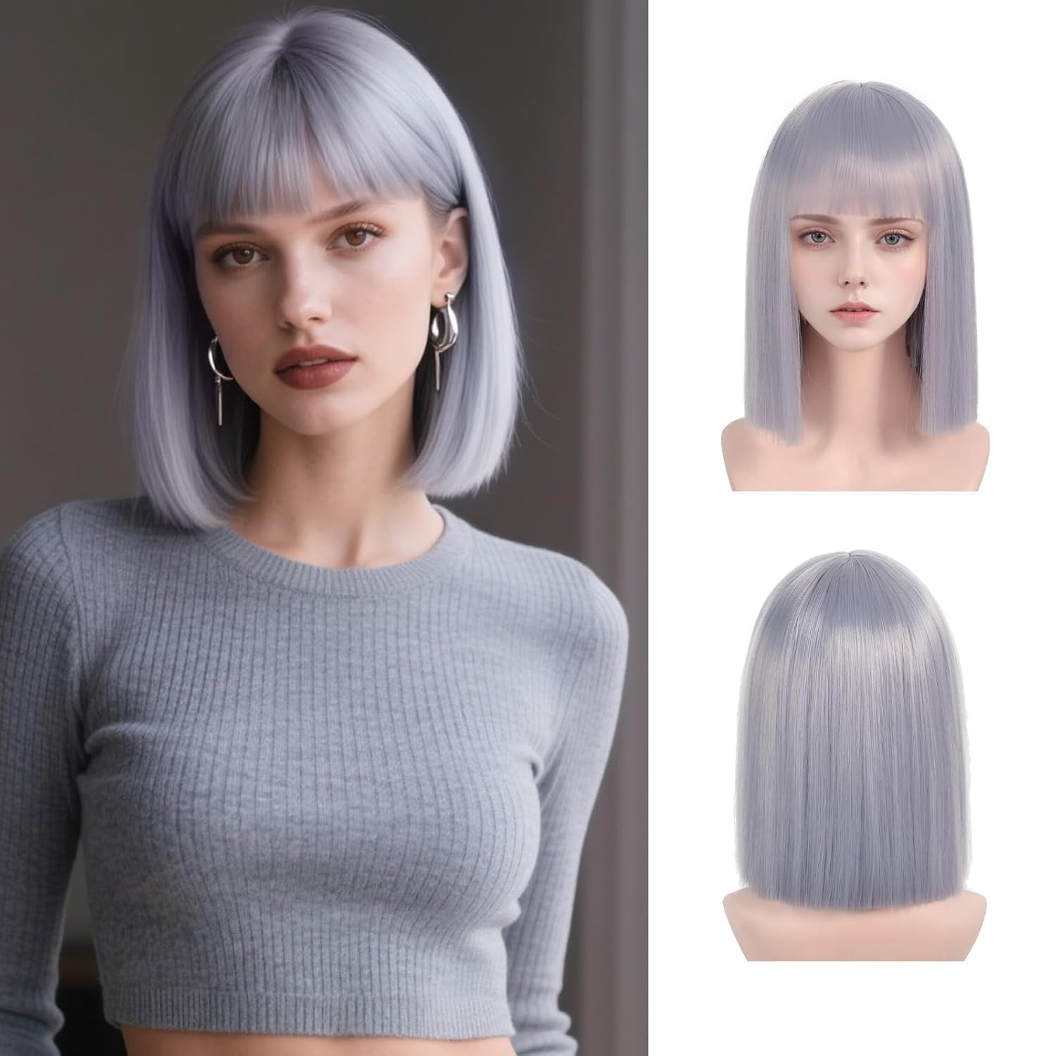 Gray Bob Wig with Bangs Short Straight Gray Wig for Women 13 Inch Heat Resistant Synthetic Fiber Wigs Natural Looking Colorful Bob Wig for Daily Use Halloween Party Cosplay