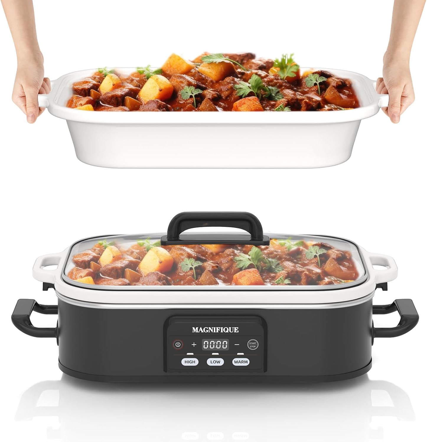 4 Quart Casserole Digital Slow Cooker, Premium Ceramic Bakeware for Oven, Dishwasher Safe Baking Dish, Black White
