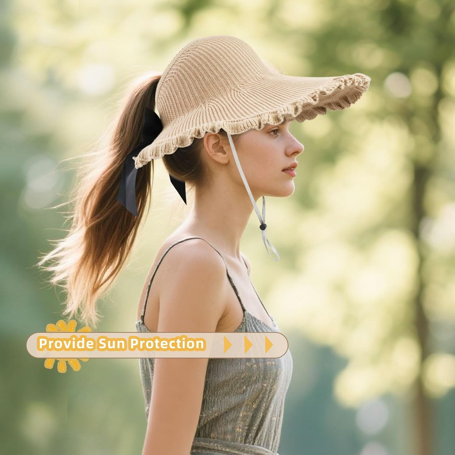 Sun Visor Hat for Women, Foldable Ponytail Hats with Wind Lanyard and Bow, Wide Brim Summer Beach Hat for Outdoor
