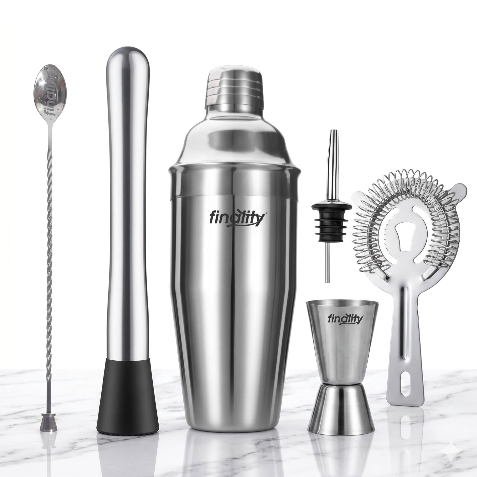 finality stainless steel cocktail shaker set with peg measure muddler mixing spoon Pourer for cocktail - premium steel shaker bar accessories for home bar set for drinks home bartender kit 6 Piece set-image-2