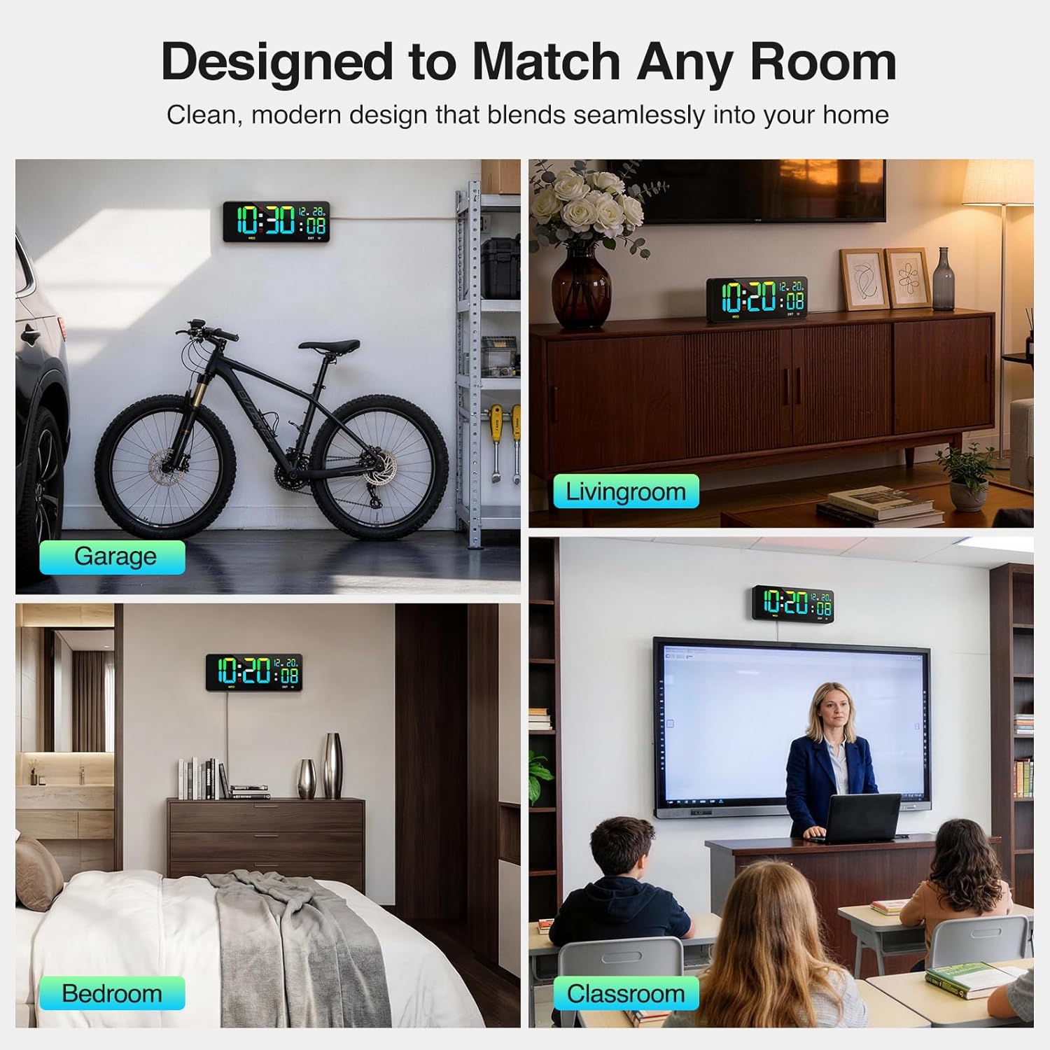 12" Large Digital Wall Clock WiFi Sync for Bedroom, Living Room, Classroom, WiFi Clock with Remote Control, Temperature, Timer, Dual Alarms, Dimmer, Auto DST, Voice Control