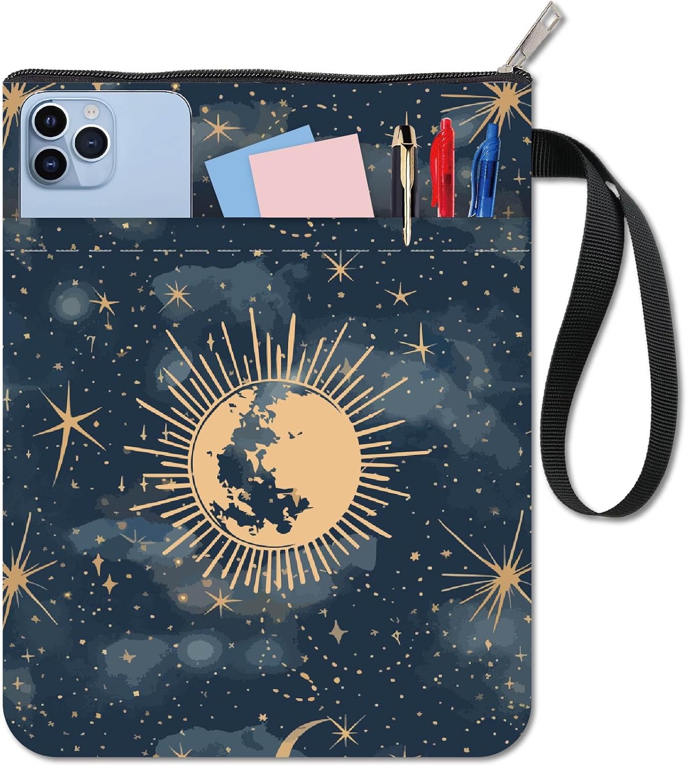 craspire Moon Book Cover with Zip Book Cover with Additional Front Pocket Pattern with Celestial Suns and Star Motifs Notebook Covers Pocket Book Bag to Protect Textbooks