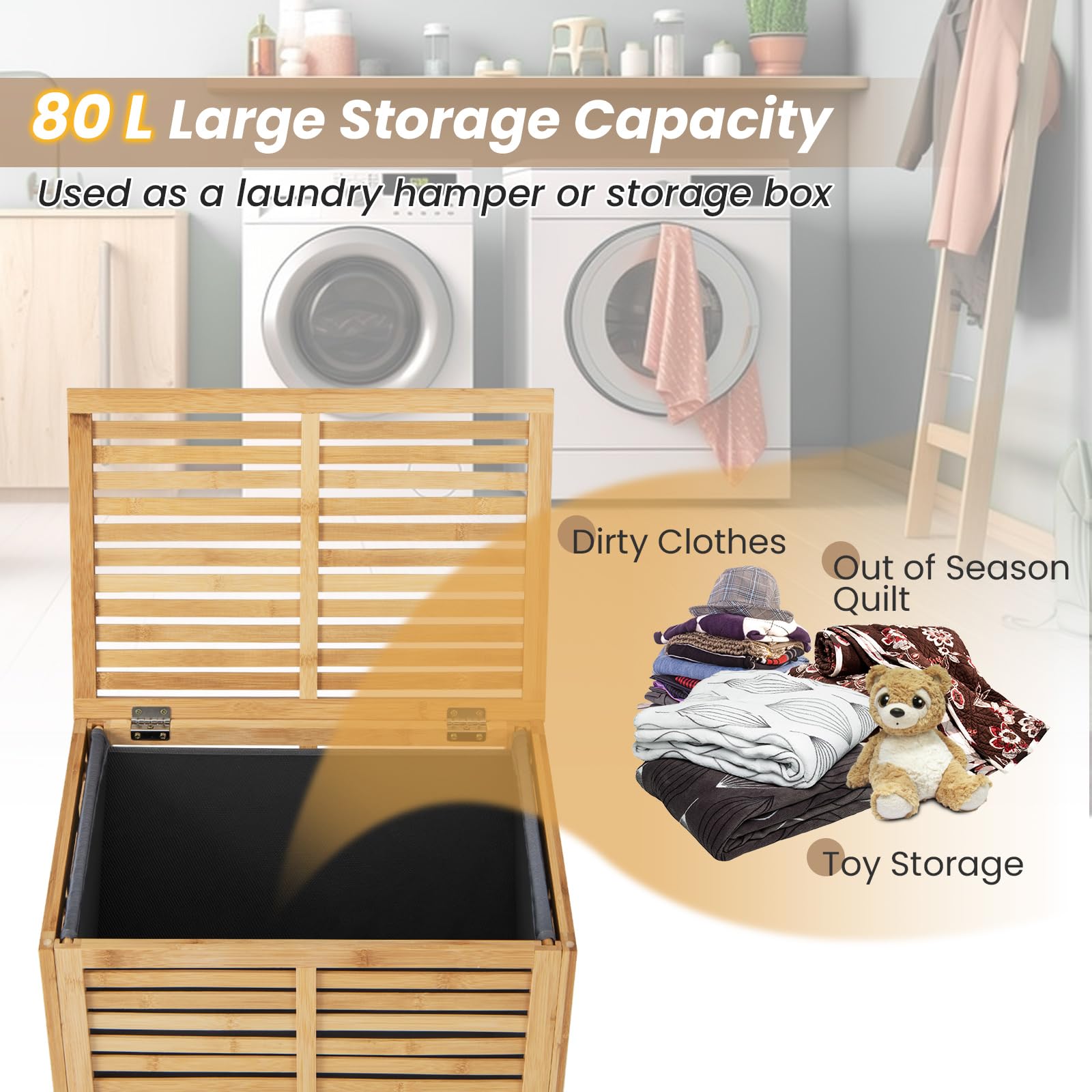 FANTASK 80L Wäschesammler mit Deckel, Groß Wäschekorb mit Abnehmbare & Waschbare Stofftasche, Wäschebox Bambus, wäscheschrank für Bad, Schlafzimmer, Wohnzimmer