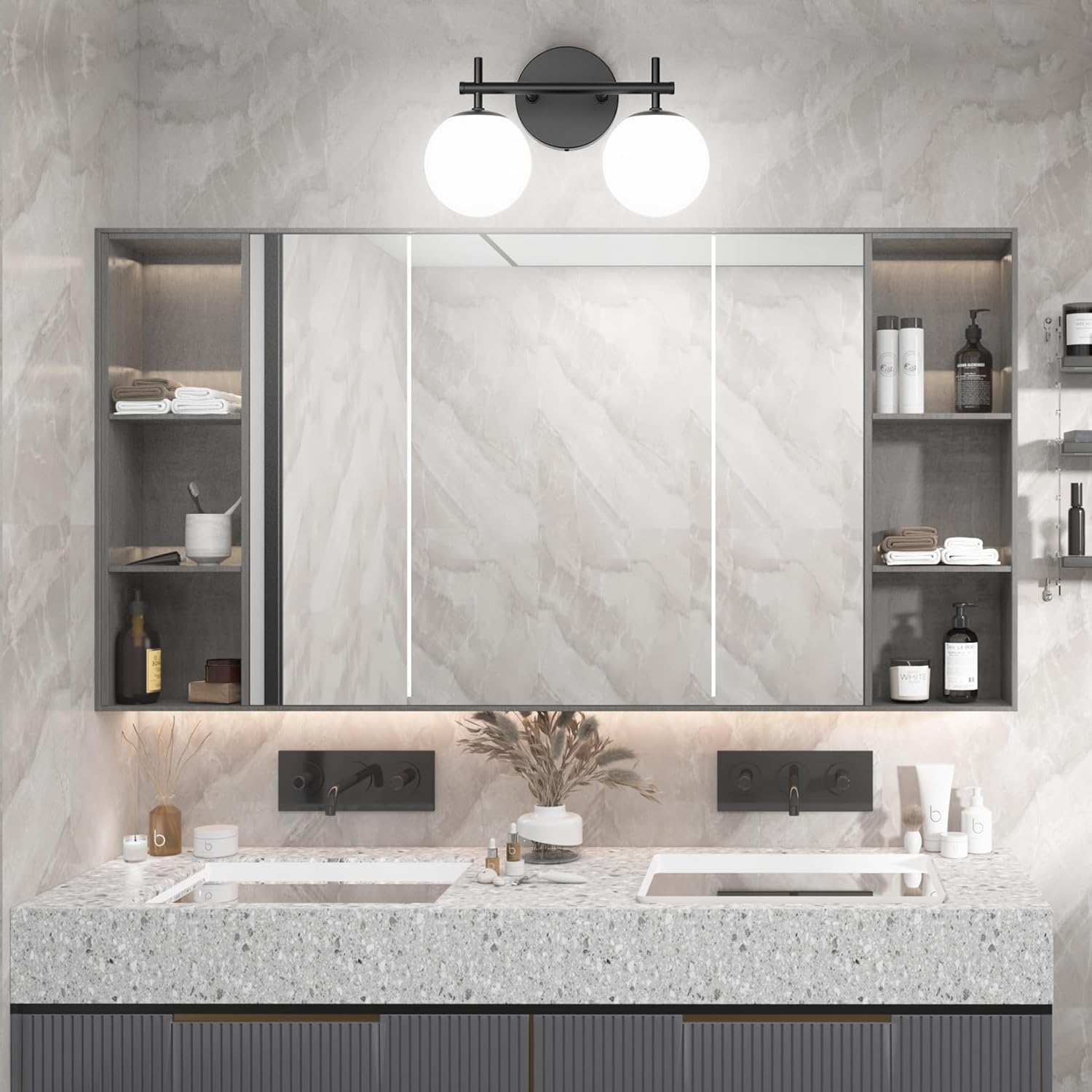 Ralbay Black Vanity Lights - 2 Mid Century Modern Bathroom Lights Over Mirror, Milk White Globe