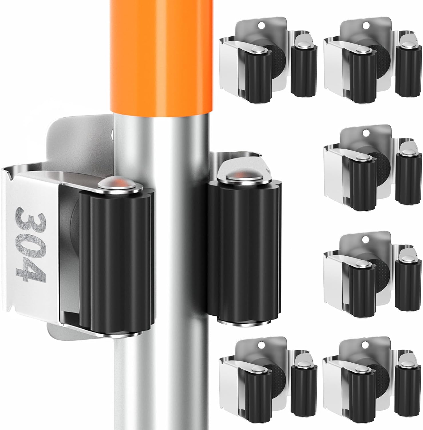 6 Pack Broom Holder Wall Mount Stainless Steel Mop Hanger Organization Heavy Duty Garage Storage System Garden Laundry Kitchen Tool Organizer General Purpose Storage Rack(Black)