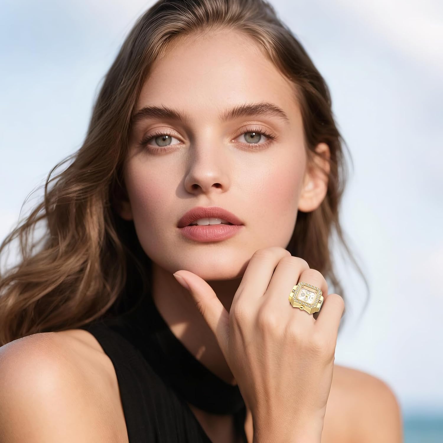 Lancardo Stunning Ring Finger Watch: Stainless Steel Stretch Band Square Bling Case Three-Eye Decoration Novelty Watches for Birthday Valentines Day