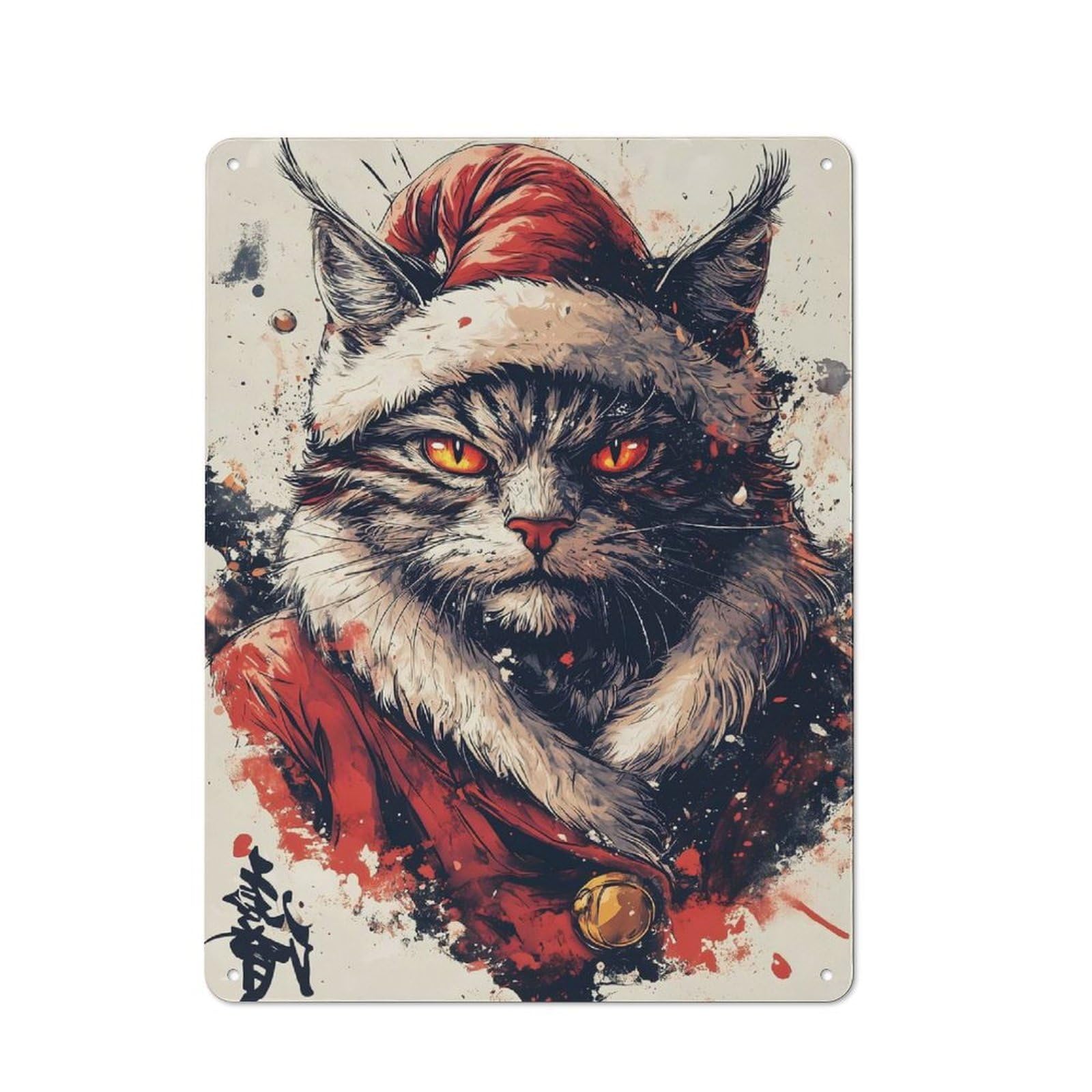 Junmoney Style-6 Christmas Mysterious Cat Portrait With Santa Hat Rustic Metal Wall Sign 40X30cm For Bar Or Restaurant, A Decorative Metal Sign For Bars And Restaurants