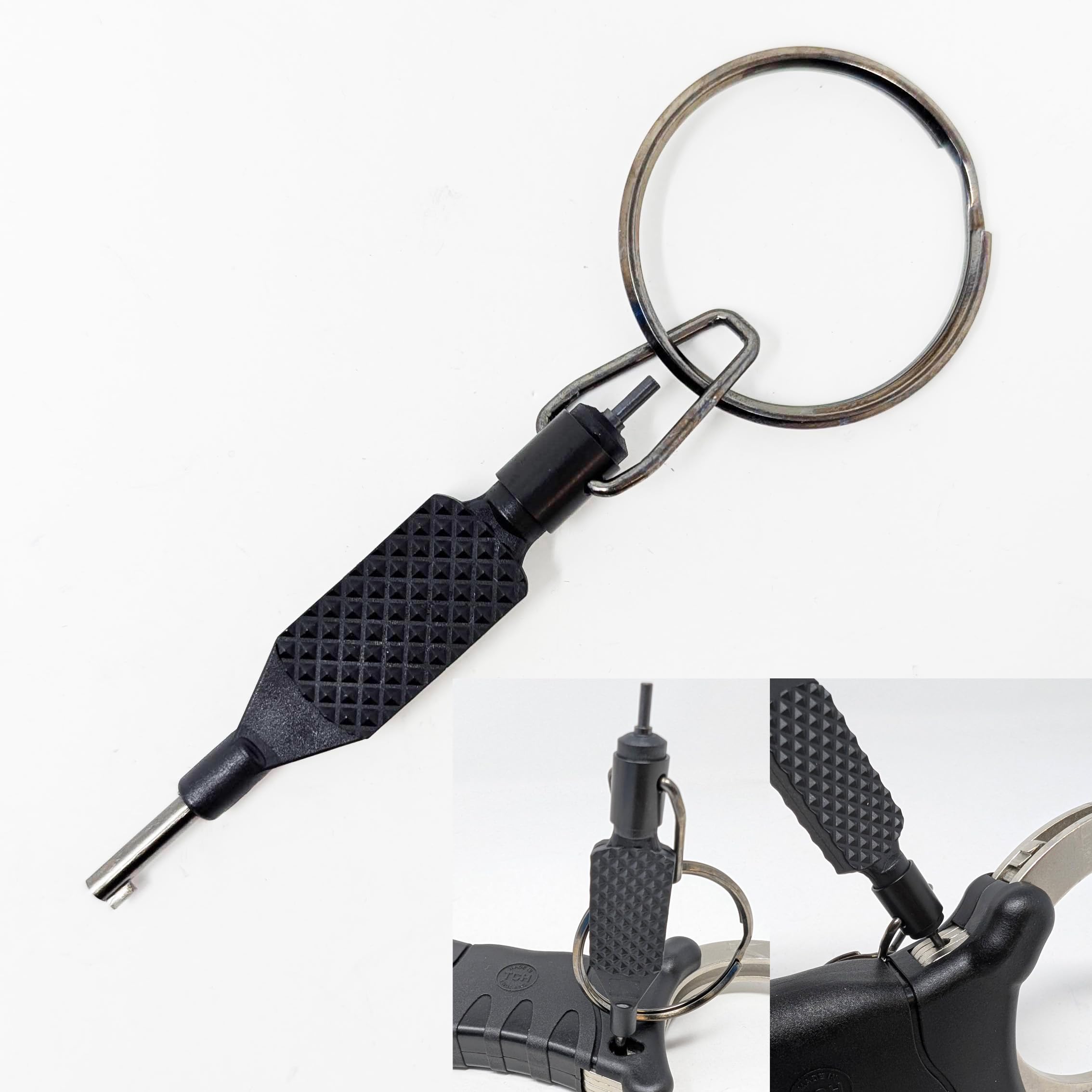 Professional Universal Flat Knurled Swivel Handcuff Key 3.5" Standard Hand Cuff Key With Cuff Lock Pin and Extra Large Detachable Keyring For Quick Easy Access
