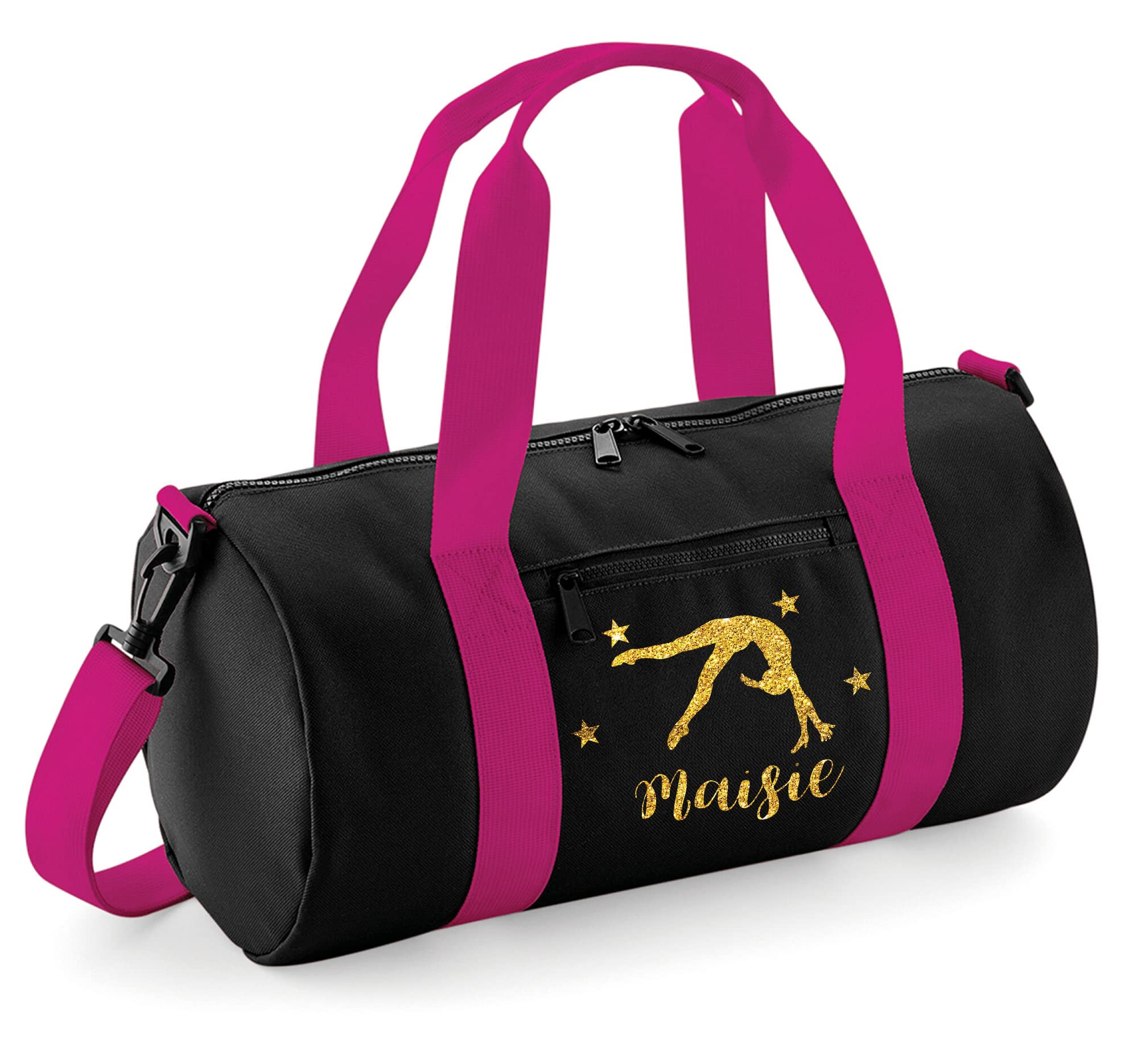 Daytripper Personalised Gymnastics Bag for Girls Gym Kit Glitter Barrel Bags Dance Shoes Holdall Frontflip Kids Back to School Accessories Custom Name Gift for Her (Black-Pink-Gold)