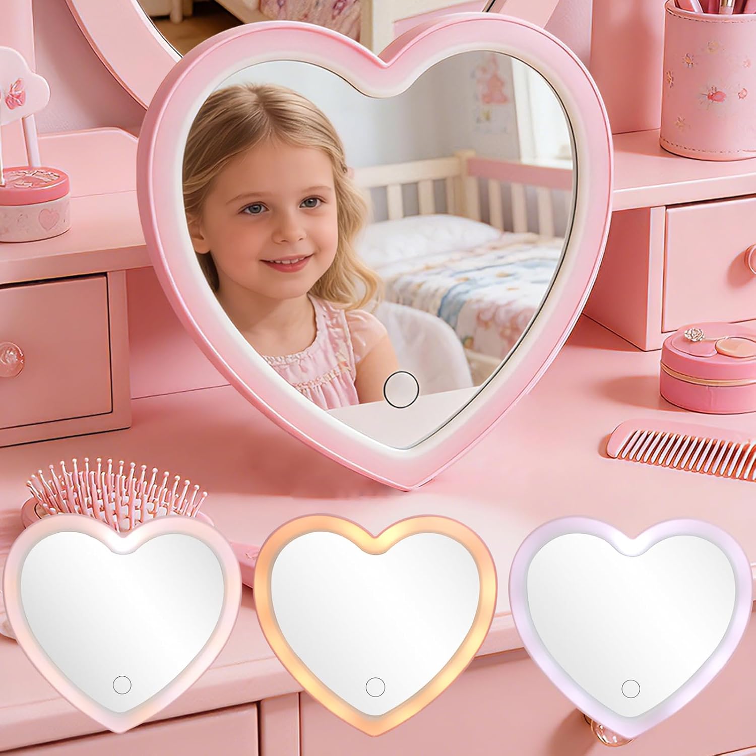 Espejo de maquillaje rosa corazón con luces para niñas