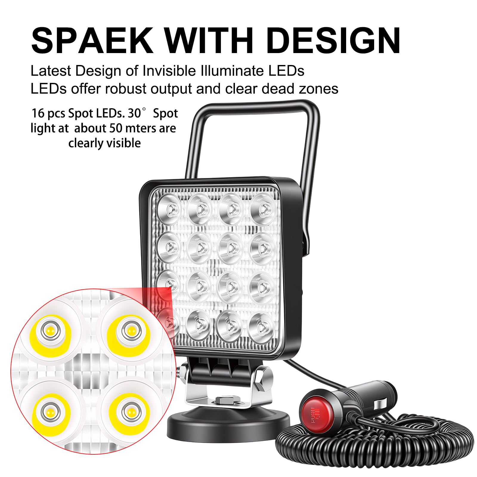 RIGIDON 2 Pcs Lámpara trabajo led portatil, 4 pulgadas 48W, Spot lámpara para off road camión coche todoterreno SUV 4x4 vehículos, Faros trabajo led con imán 12v 24v Spotlights, 6000K