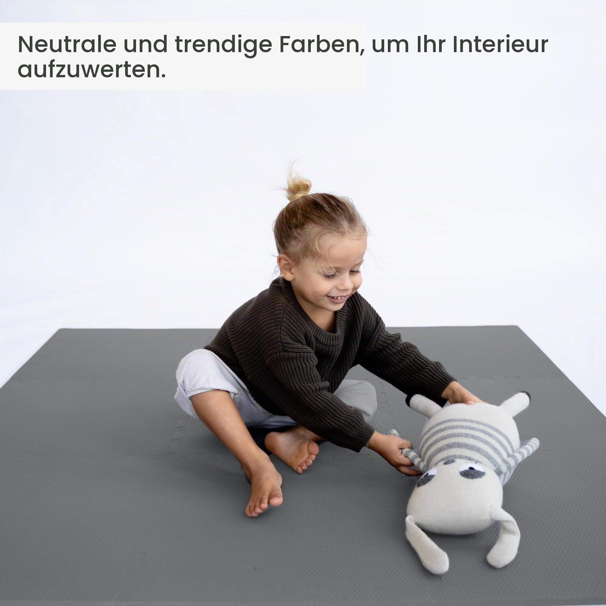 Toddlekind Baby-Puzzlematten, 9-TLG. mit Randteilen, ungiftige Schaumstoffmatten, für Bauchzeit & Krabbeln, neutrale Farben, 45 × 45 cm je Teil, Gesamtfläche: 131 x 131 cm, Storm/Dunkelgrau