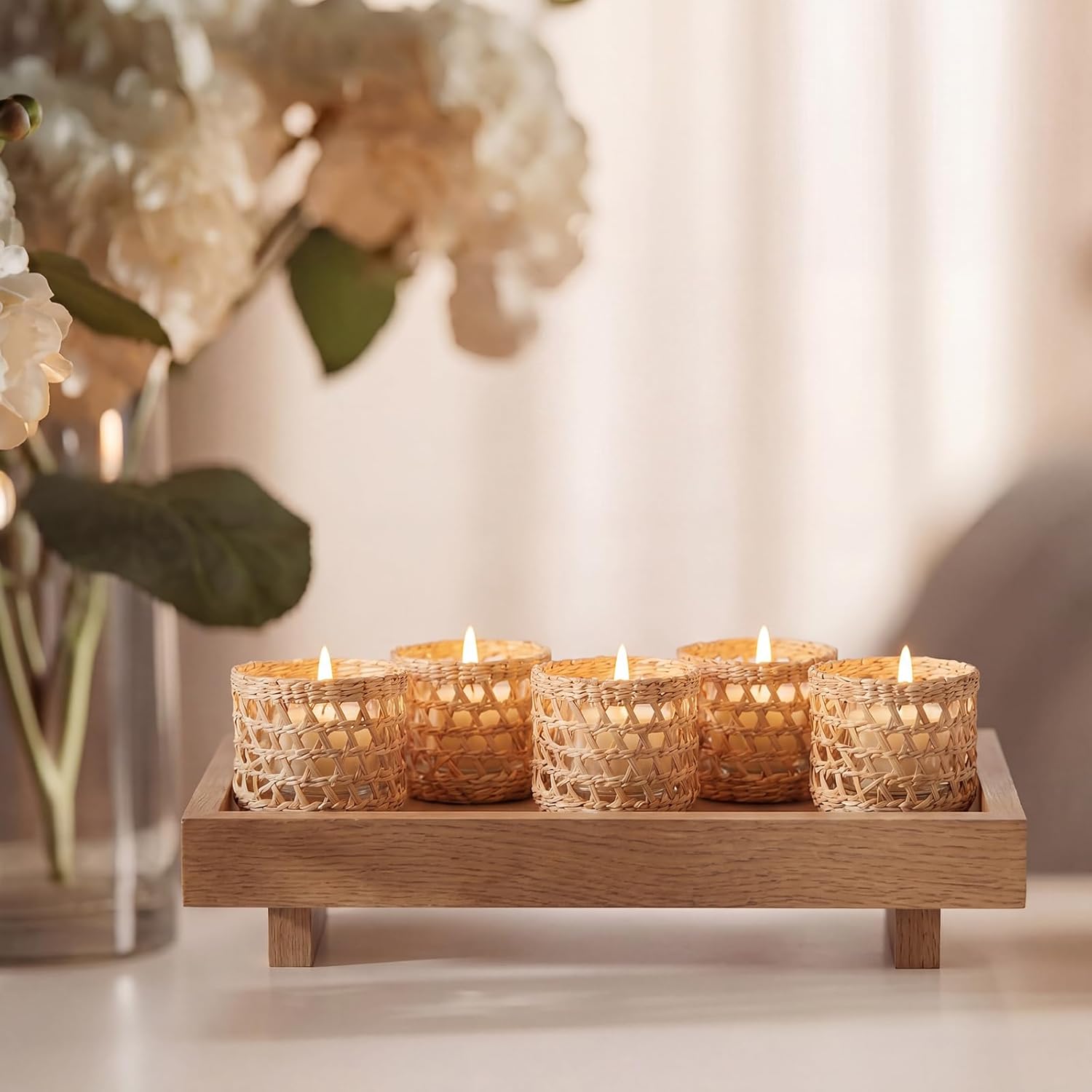 6 Pack Wicker Rattan Woven Tea Light Candle Holder Kit Rustic Handcraft Rattan Woven Candle Holder with Glass Cup Vintage Tealight Farmhouse Votive Candlestick Decor for Dining Wedding