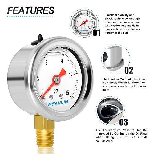 Miniatura 5 de MEANLIN MEASURE 015Psi Stainless Steel 18" NPT 1.5" FACE DIAL, Glycerin Filled Pressure Gauge, Liquid Filled, Water Oil Air, Lower Mount, with 18" x