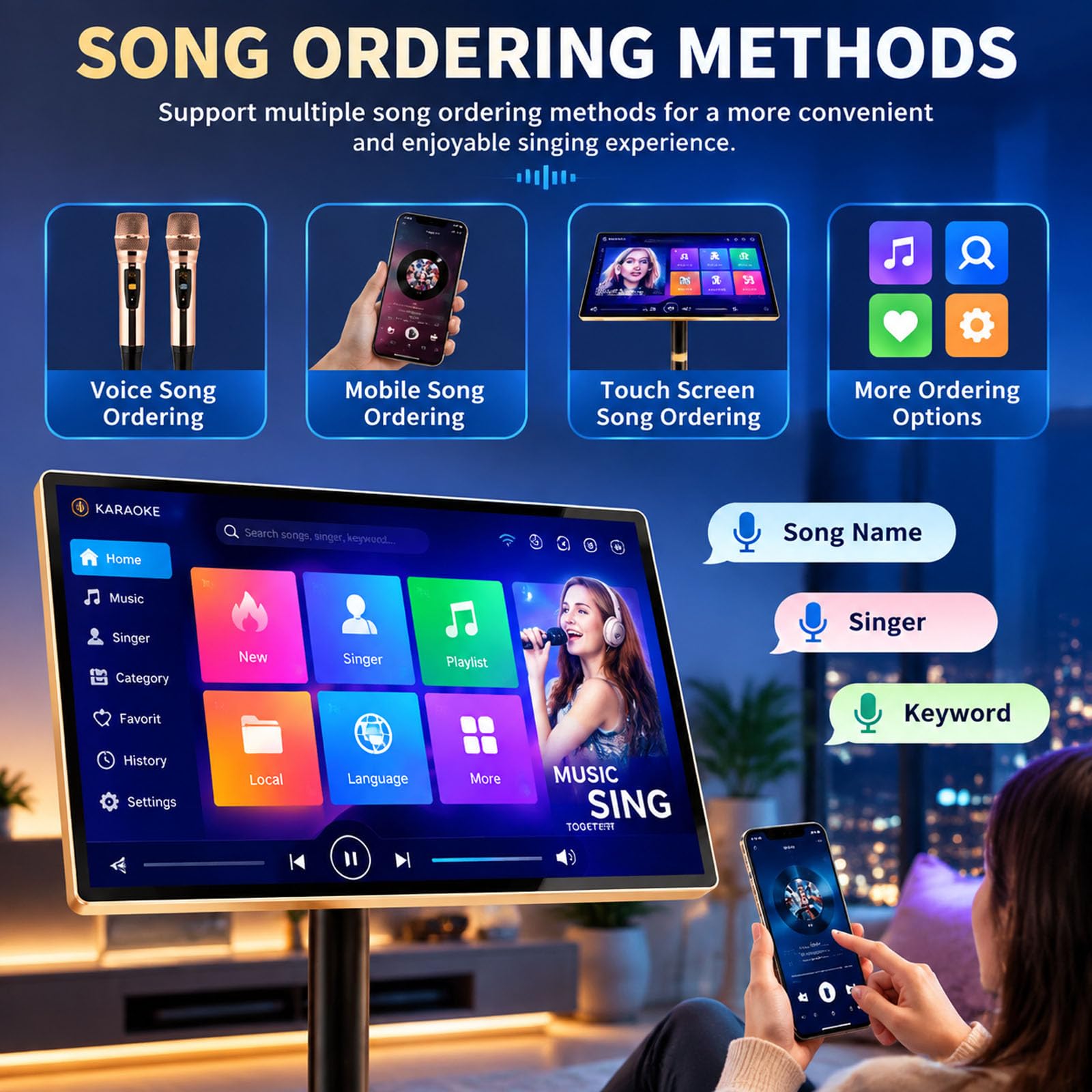 Maszyna do karaoke, system karaoke, 21,5-calowy odtwarzacz z ekranem dotykowym z mikrofonami bezprzewodowymi, mikser pogłosu, pamięć 3 TB, pobieranie utworów w chmurze, obsługa aplikacji YouTube