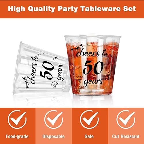 Miniatura 3 de Vasos de plástico con texto en inglés Cheers to 50th  100 piezas de vasos de chupito de alegría a 50 años, vasos desechables de 2 onzas, regalos de
