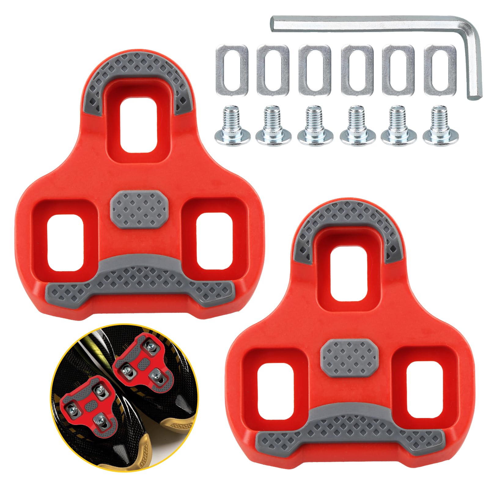 Calas de Ciclismo para Look Keo Rojo Giro Ángulo Giro 9° Bicicleta Carretera, Cleats Pedales Carretera con Tornillos y Llave, para Interior Exterior, Superficie Antideslizante TPU