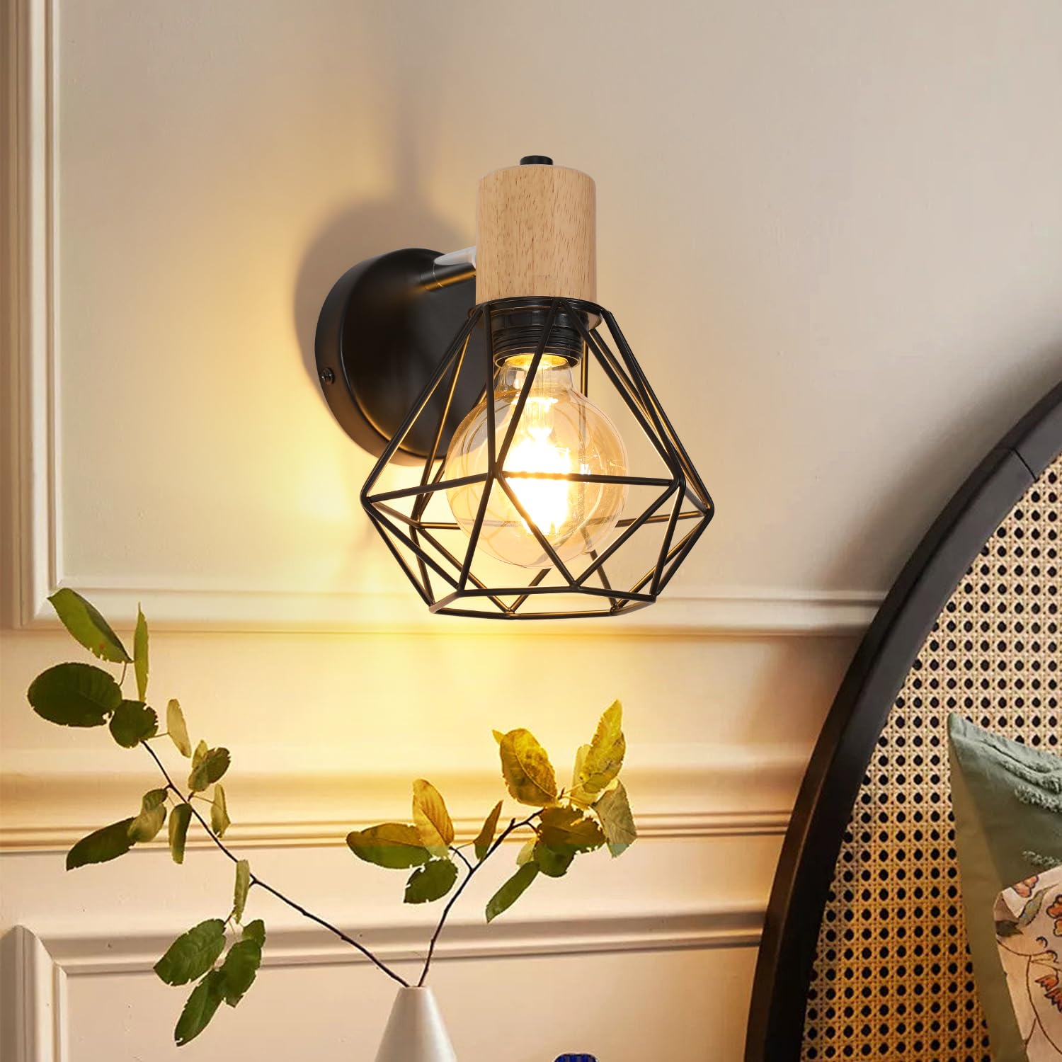Comely Lampada da Parete Vintage, E27 Applique da Parete in Metallo e Legno, Regolabile Lampada a Muro Retrò per Soggiorno, Cucina, Sala da Pranzo e Camera da Letto
