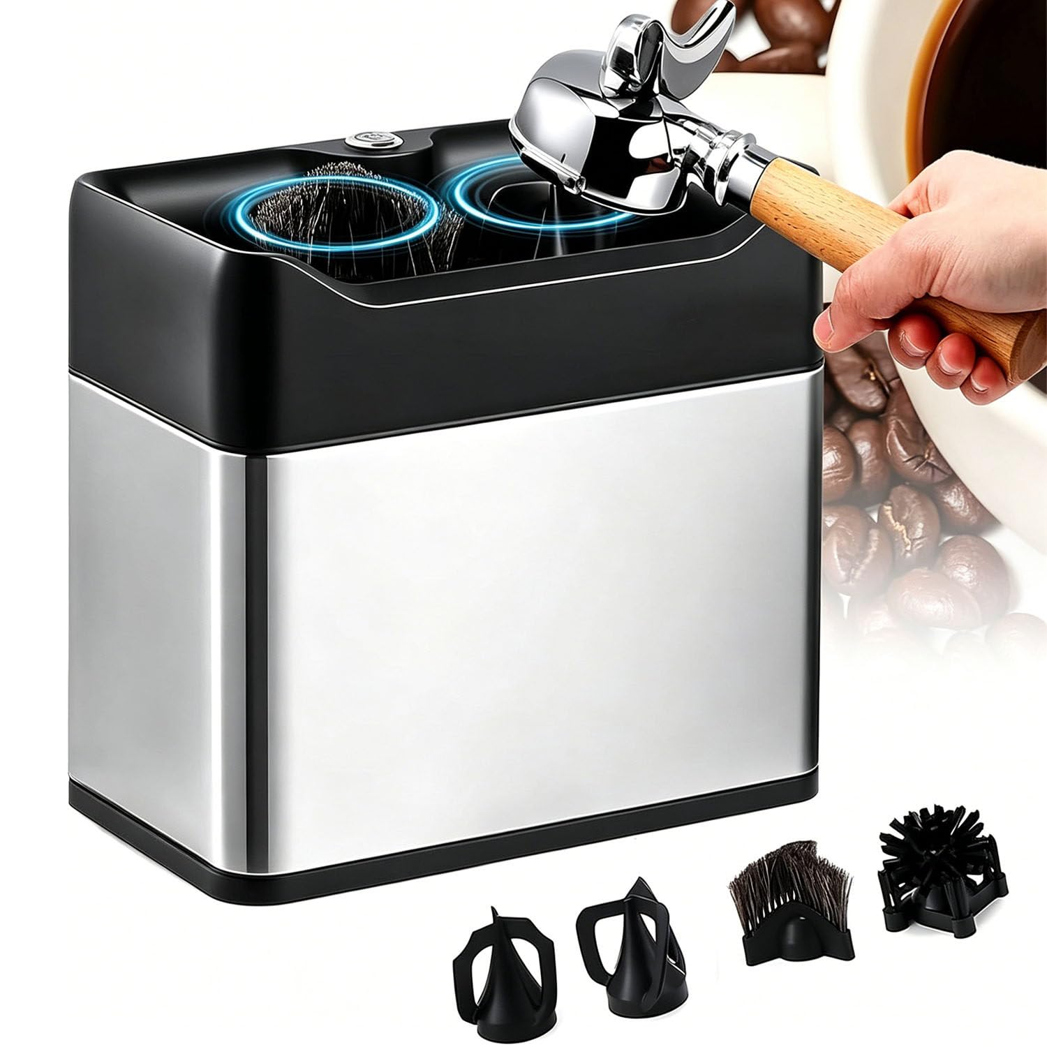 Electric Portafilter Cleaning Machine 2 Scrapers for 58mm Baskets Silver