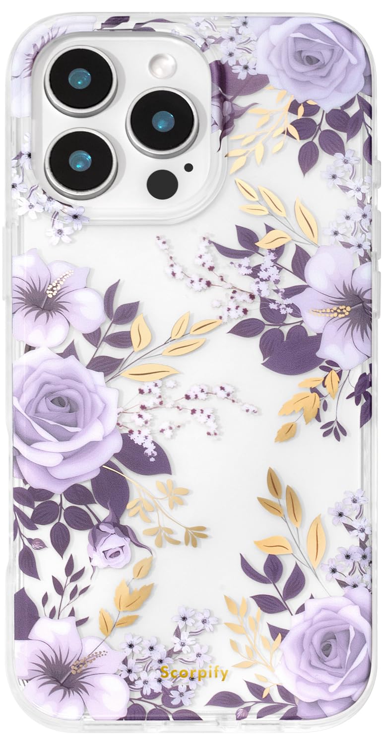 SCORPIFY for iPhone 16 Pro Max Case with Purple Hibiscus and Rose Floral Design, Cute Clear Flower Phone Cover for Women Girls, [Non Yellowing] Slim