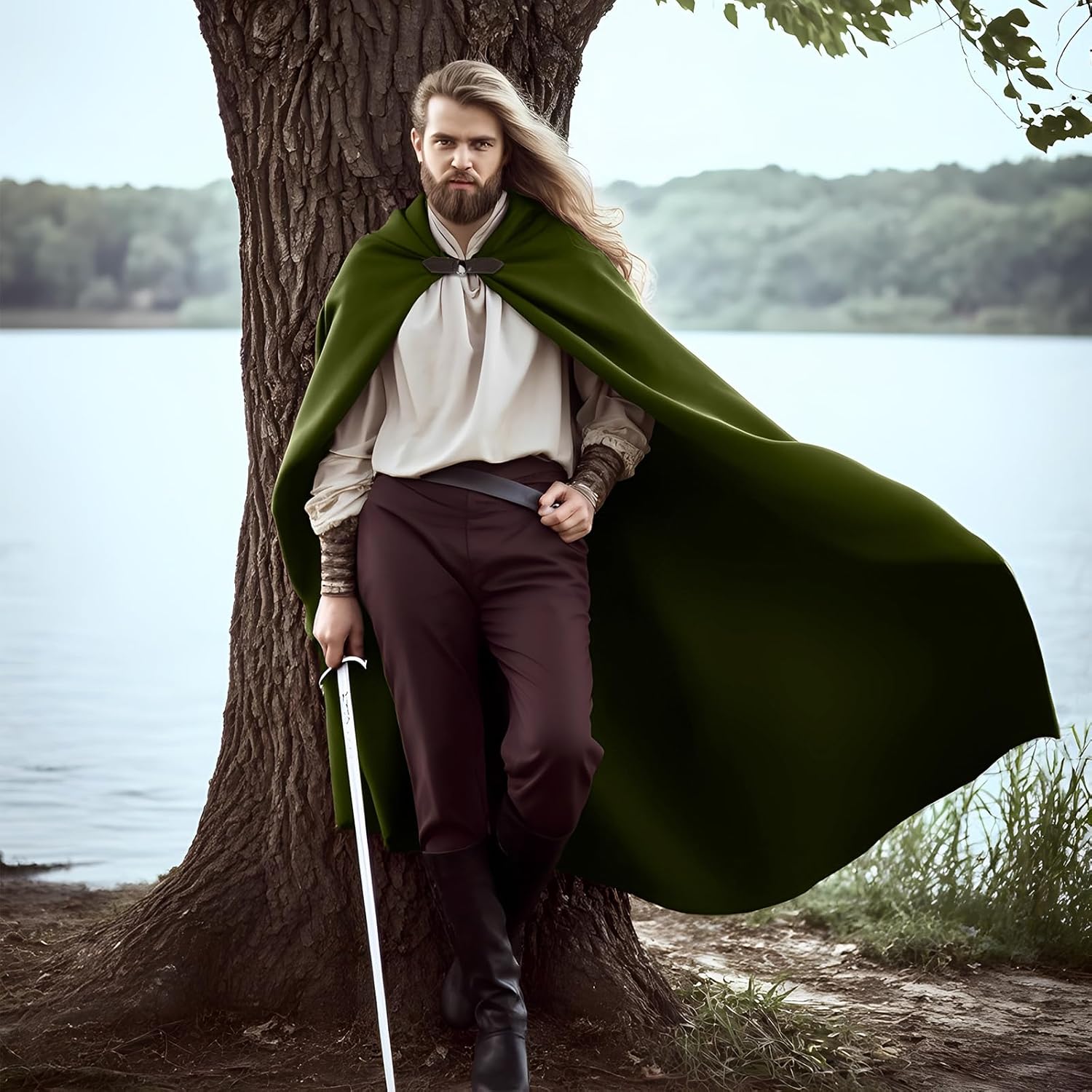 Men's Medieval Hooded Cape Velvet Cloak Renaissance Victorian Vintage Capelet Halloween Sorcerer Cosplay Costume - Image 6