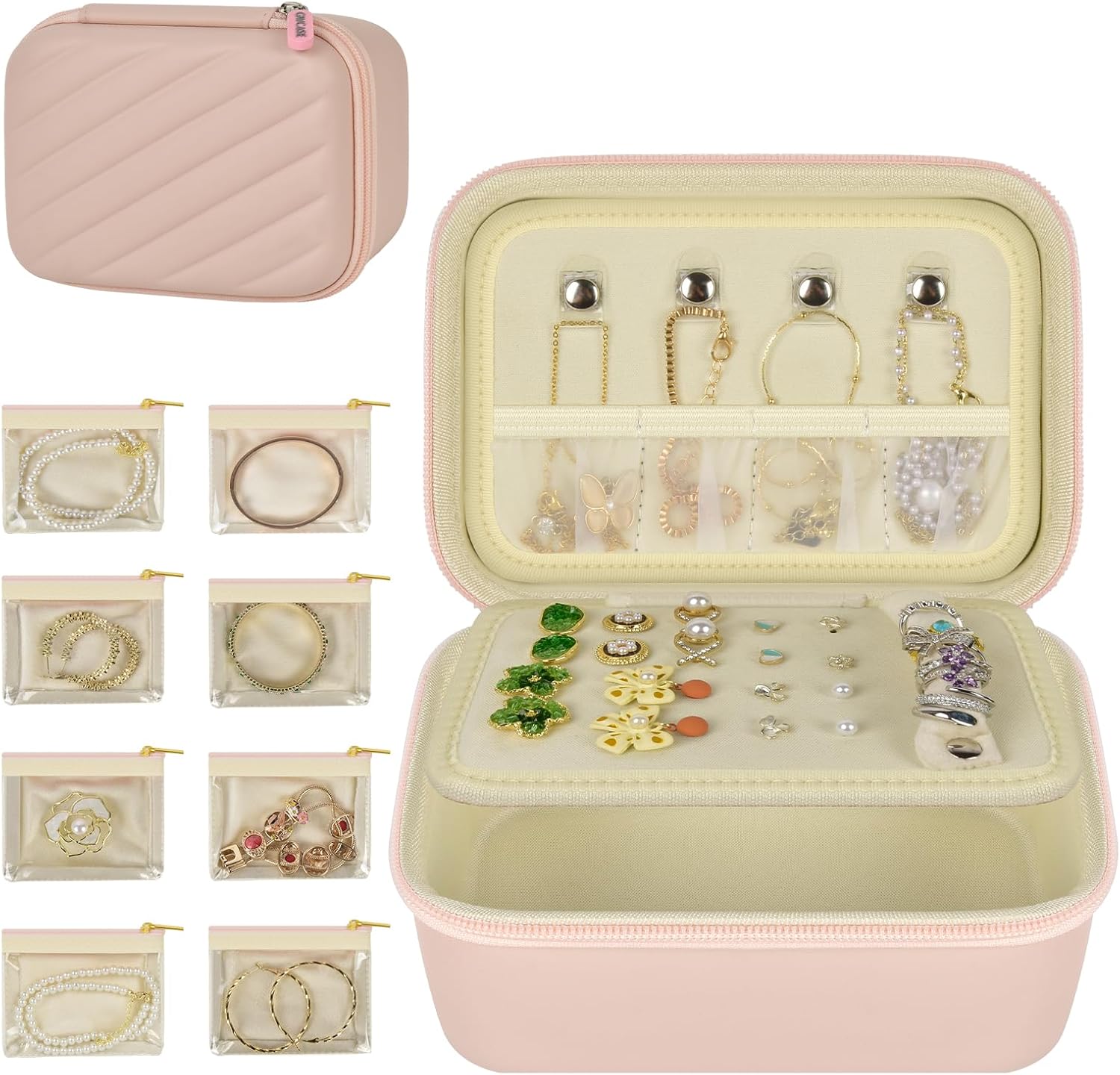 GWCASE Travel Jewelry Case for Women, PU Pink Jewelry Box with 8 Velvet Zipper Jewelry Pouches. 2-Tier Organizer for Rings, Earrings, Necklaces & Bracelet – Stylish Gift for Her（Case Only）