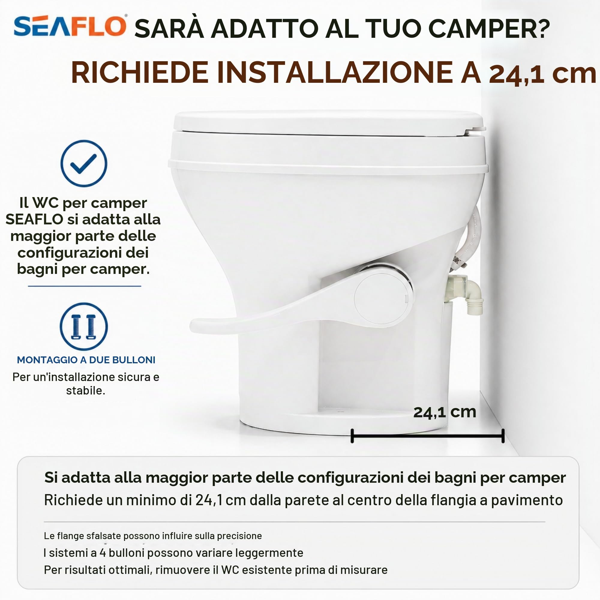 SEAFLO, WC per camper con altezza stile WC domestico da 46,7 cm, pedale con scarico a gravità, si adatta alla maggior parte dei camper (distanza di installazione di 24,1 cm), sedile con chiusura