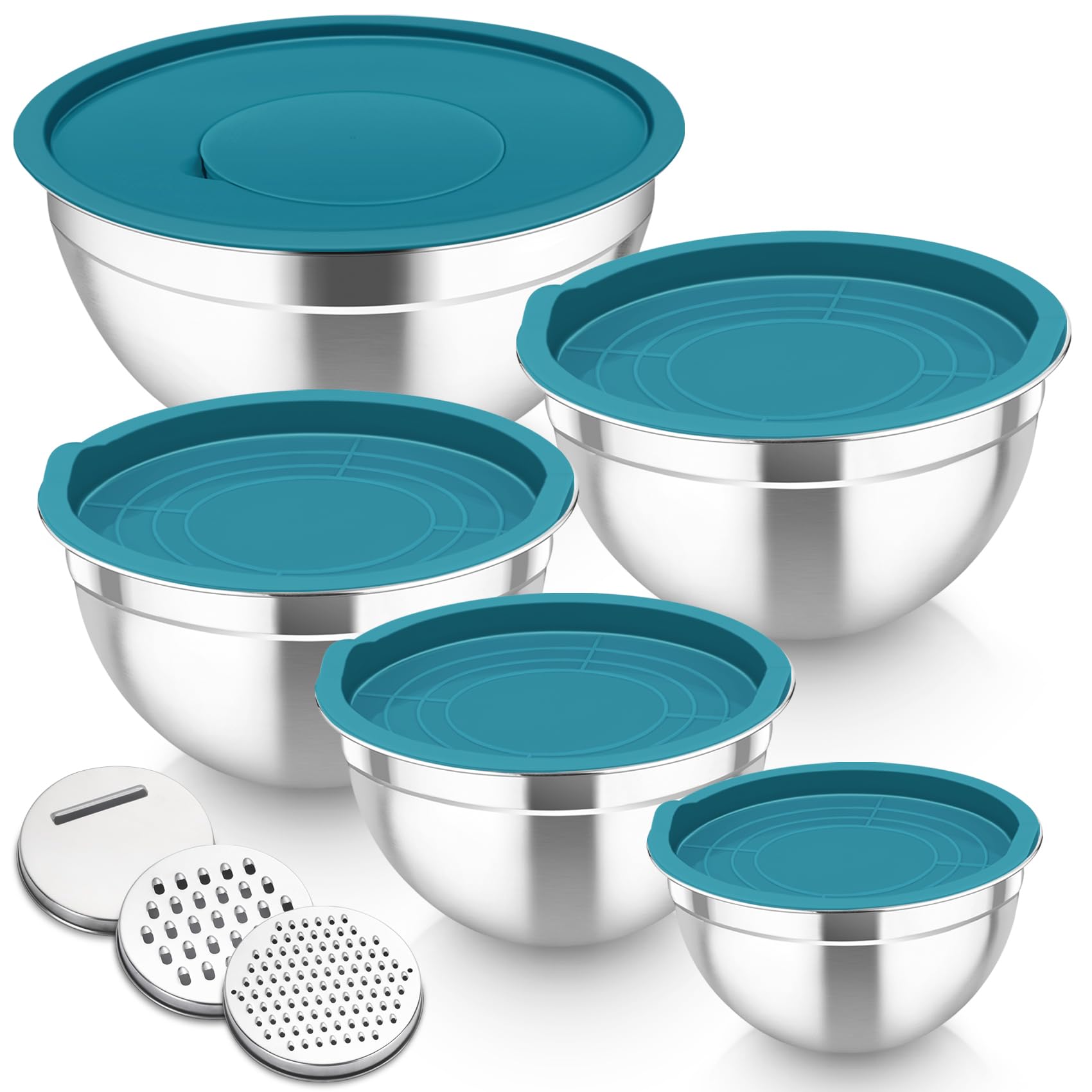 Homikit Mixing Bowls Set of 5, Stainless Steel Salad Bowls with Airtight Lids & 3 Grates, Metal Nesting Bowls for Mixing/Baking/Serving/Storing, Easy Clean - 0.7/1/1.5/2.6/4.6L (Dark Blue)