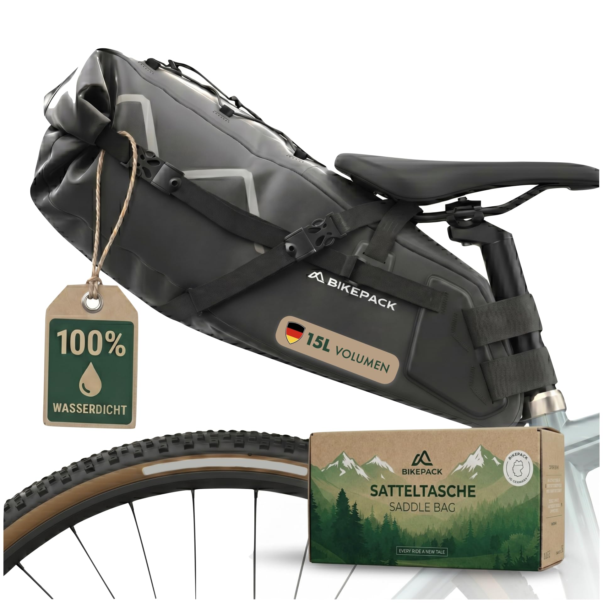 BIKEPACK Satteltasche Fahrrad 15L - Bikepacking Taschen Gravelbike Rennrad | Wasserdichte Fahrradtasche ohne Gepäckträger am Sattel: Rennradtasche, Saddle Bag, Arschrakete, Satteltaschen Bikepacking Set