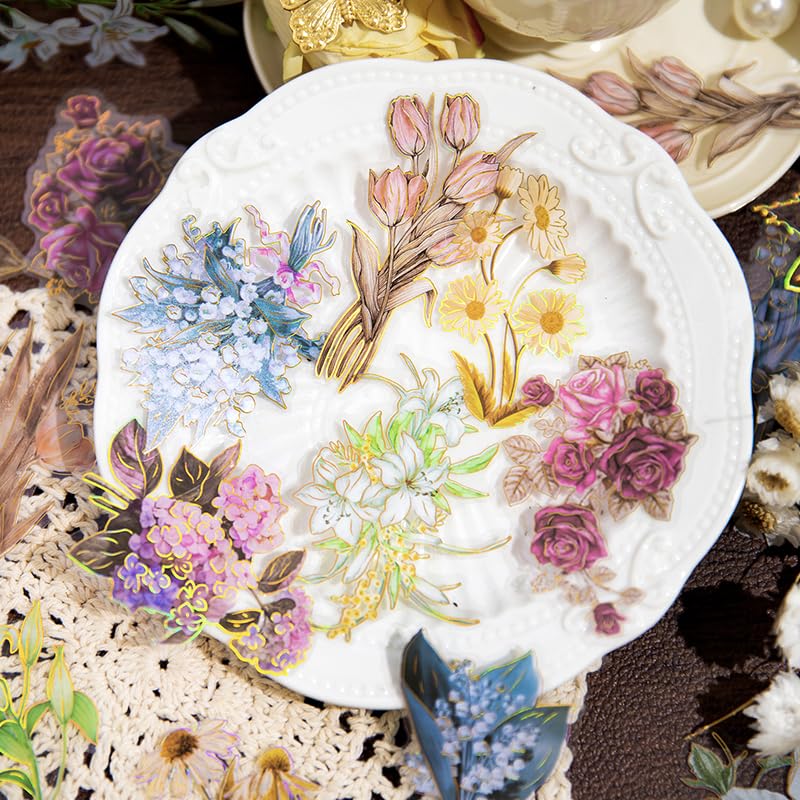 Image of 80Pcs Natural Flower Stickers for Scrapbooking,Self-Adhesive Transparent Flower Stickers Scrapbook Supplies Journaling Supplies for Adult Card Making Letters DIY Water Bottle Cards Decoration