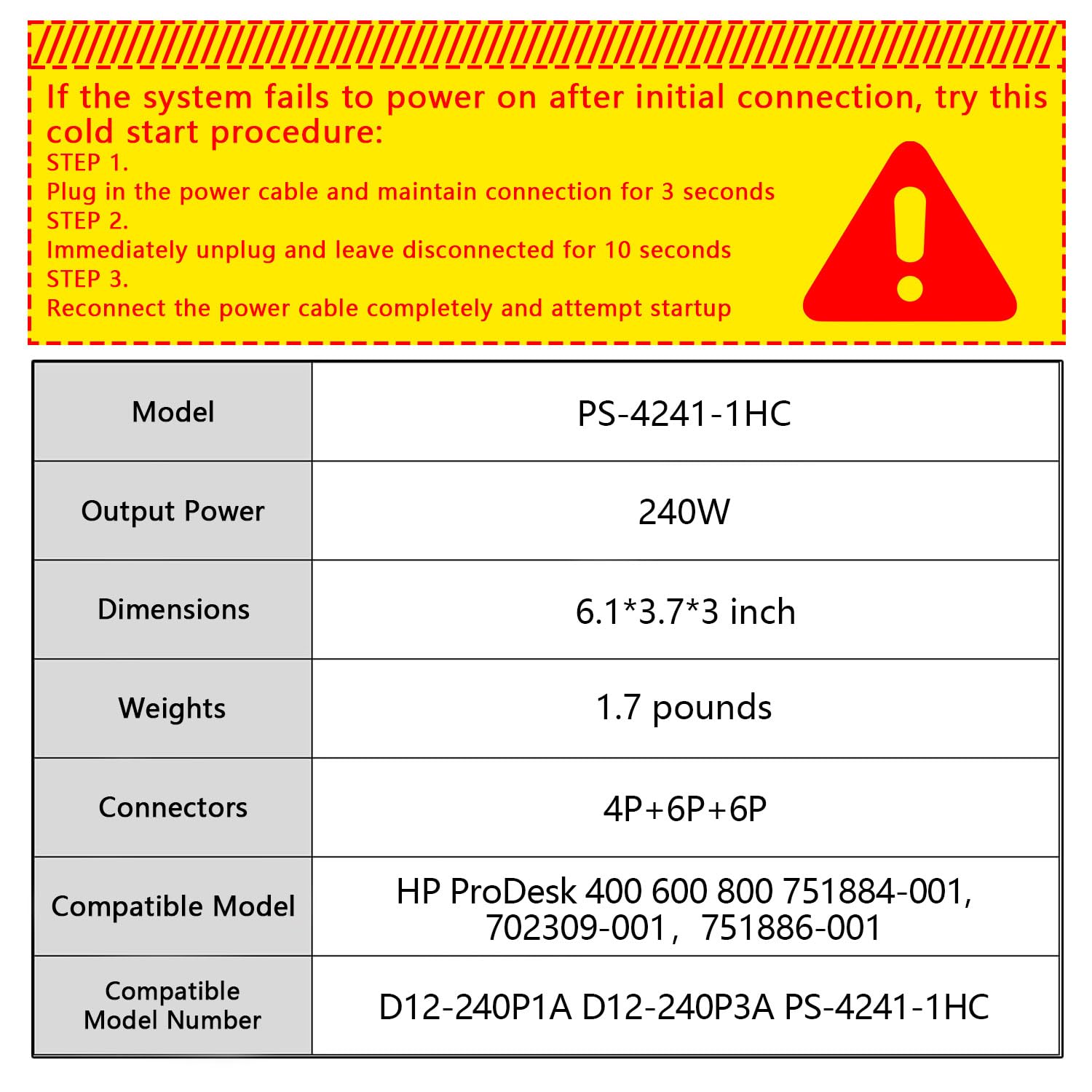 PS-4241-1HA 240W Power Supply Compatible with HP ProDesk 400 600 800 G1 G2 SFF, P/N: 751884-001, 751886-001, 702307-001, 702455-001 702309-001