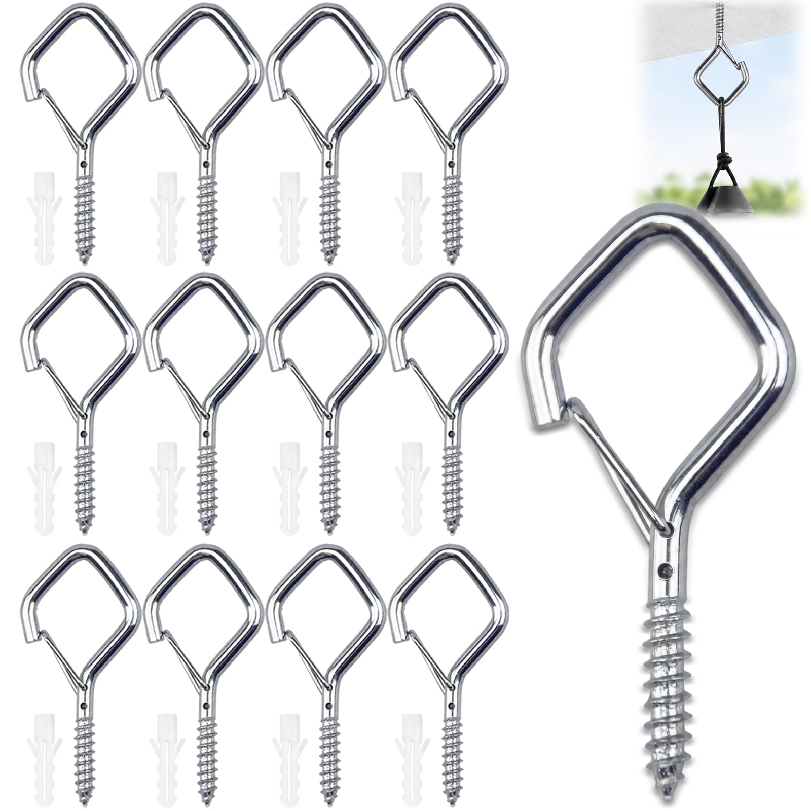 RubyTint 12 Pcs Heavy Duty Q-Hanger Screw in Hooks with Safety Buckle - Outdoor Ceiling & Wall Hooks for String Lights, Wind Chimes, Hanging Plants, Bird Feeders, Garden Decor