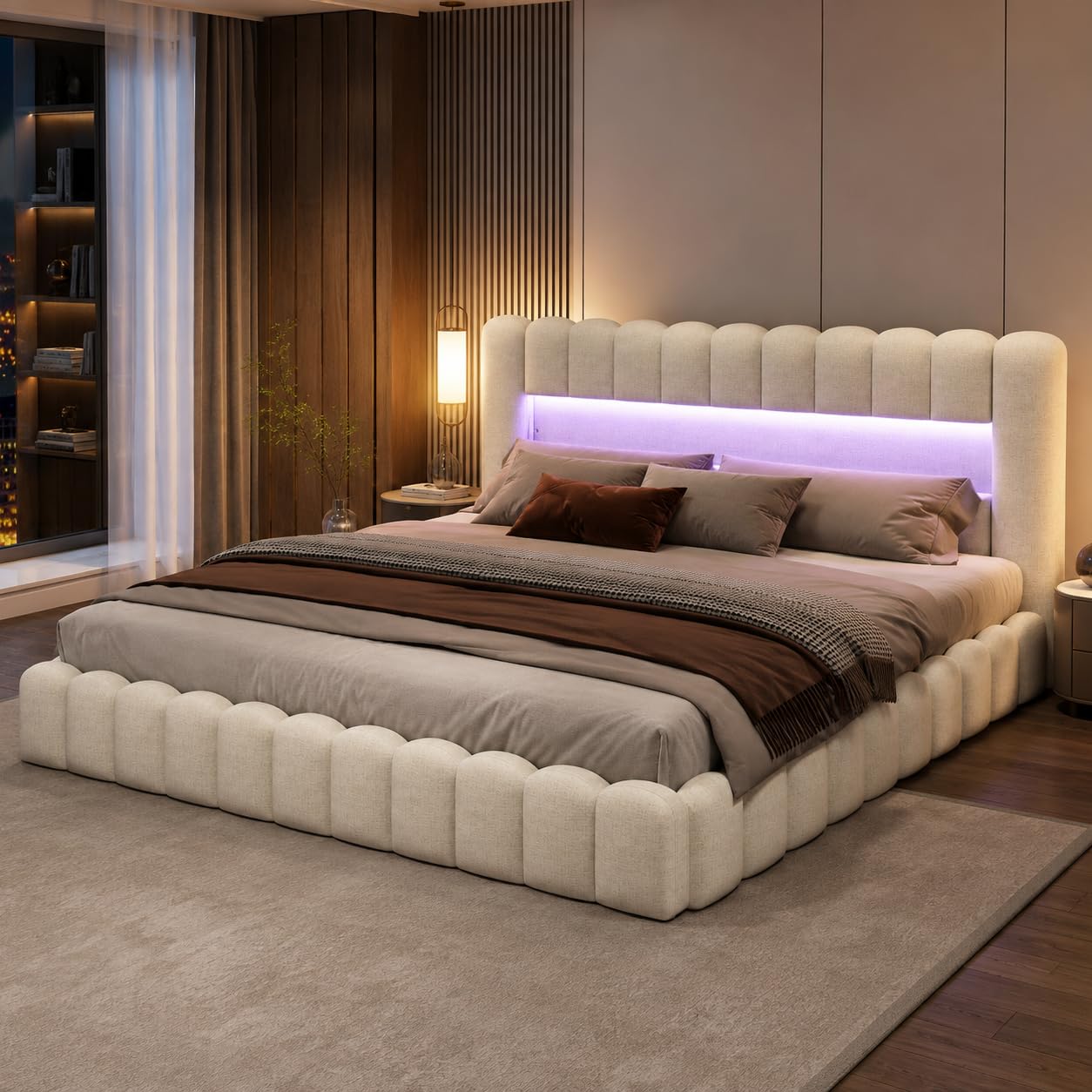 Cama tapizada 180x200 con Almacenamiento hidráulico, Cama Doble con LED y USB, Cama Juvenil con Cabecero Acolchado y Base de Láminas, Lino (Beige, 180 x 200cm