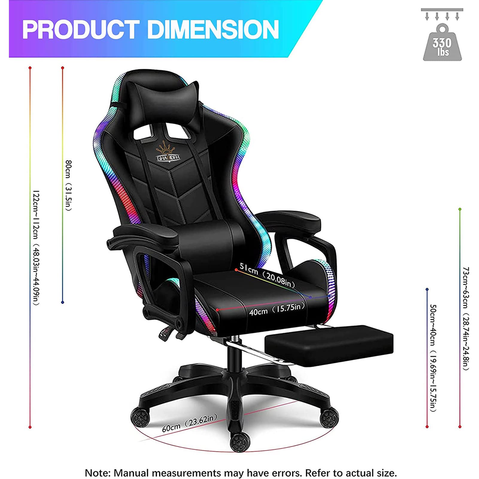 Chaise Gamer LED Avec Effets RGB - Appui-tête Et Lombaire, Dossier Inclinable 135°, Charge 130 Kg, Hauteur Réglable