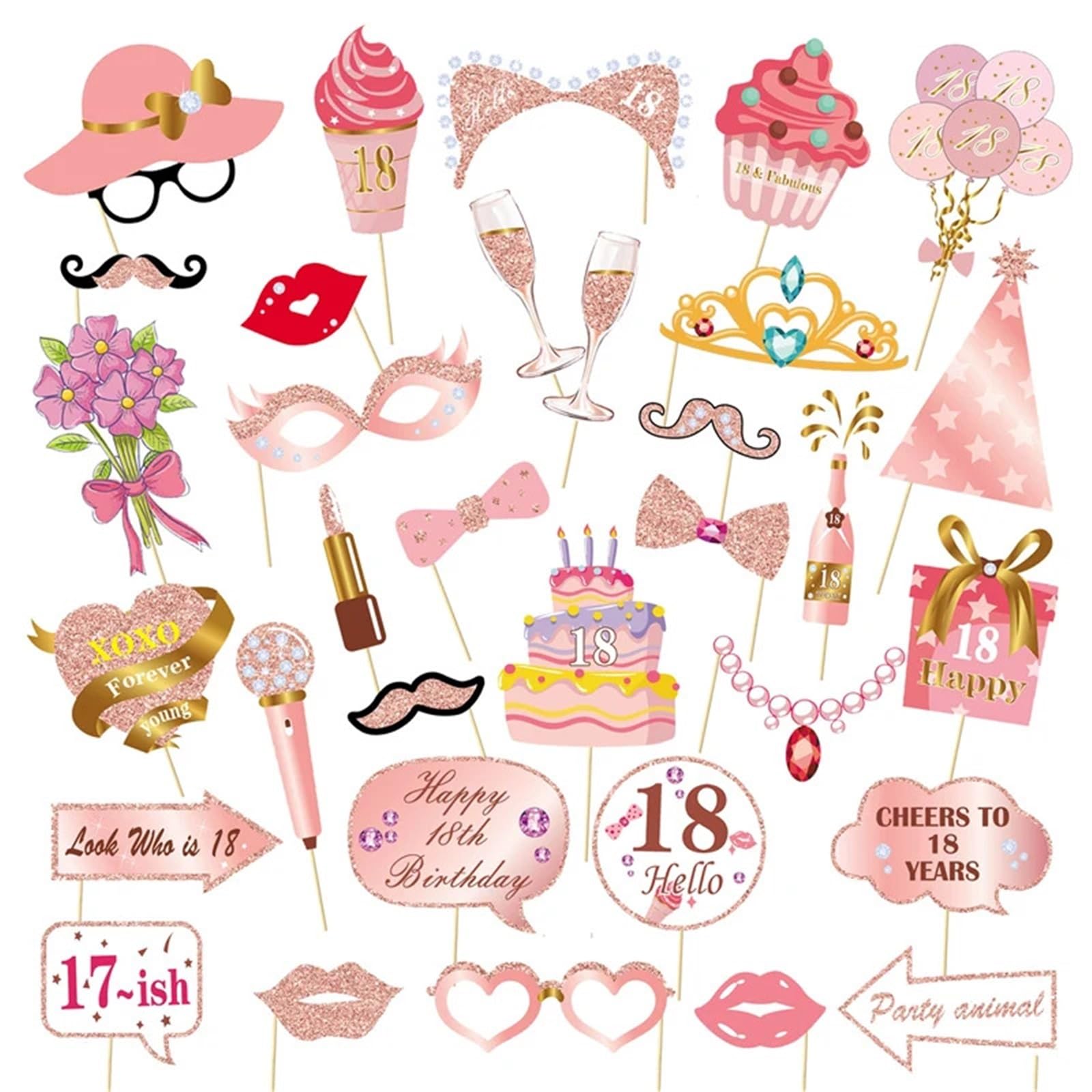 33Pcs Photo Booth Props for 16-60 Year Olds | Birthday & Anniversary Party Supplies for Women(18)