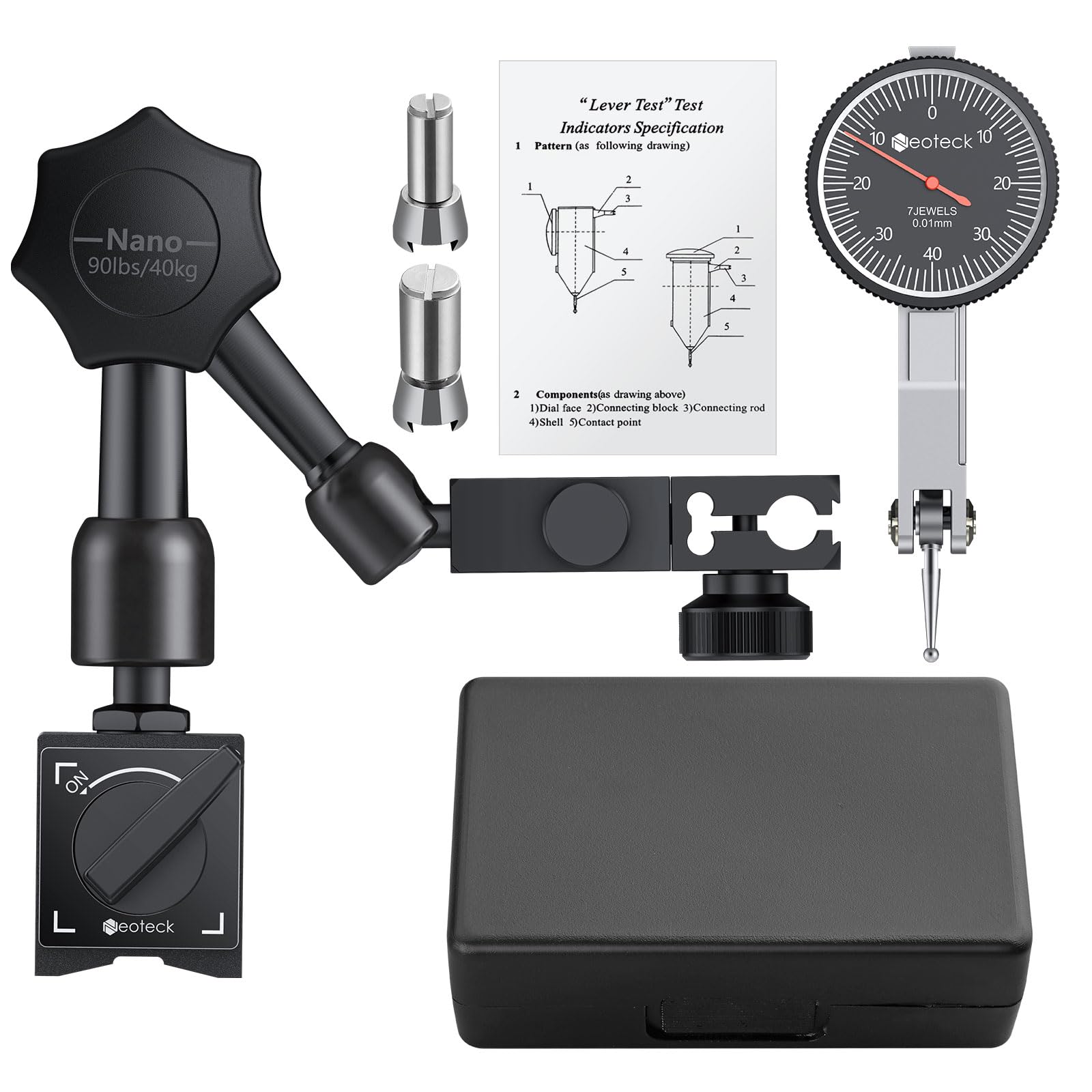 Neoteck Indicatore di Prova a Quadrante 0-0.8mm con Base Magnetica 90lbs/40kg Set Comparatore a Leva Metrico 0.01mm Supporto Magnetico Forte con Custodia Protettiva per Laboratori, Officine Meccaniche