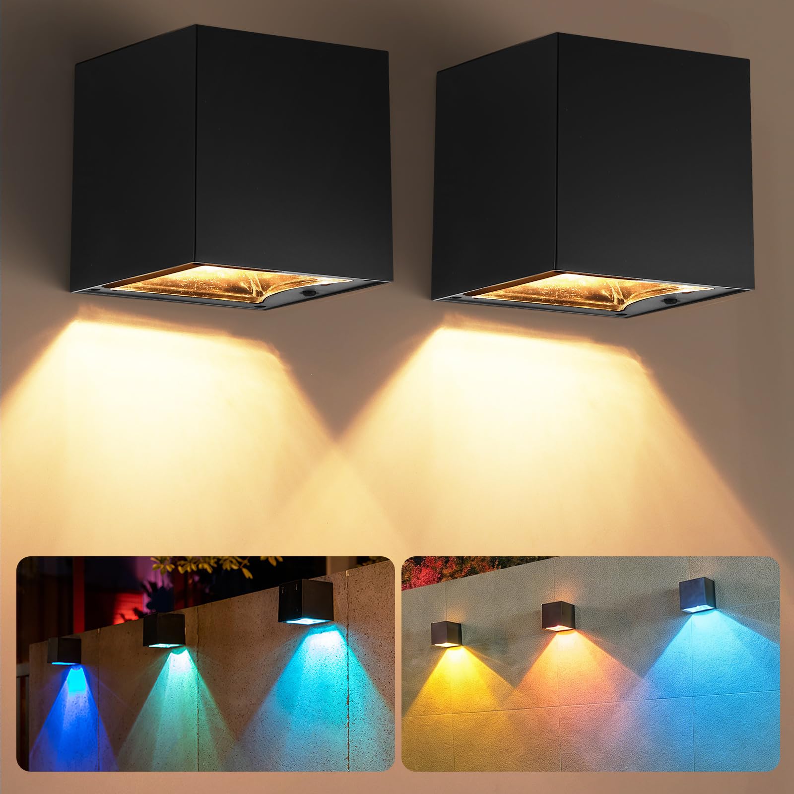 Solar Wandleuchte Aussen, 2 Stück Solarlampen für Außen Garten mit Warmweiß & RGB Farben, IP65 Wasserdichte Solar Zaunleuchten für Außen,Dekorative Solarleuchten für Außen Garten Zäun Terrasse Treppen